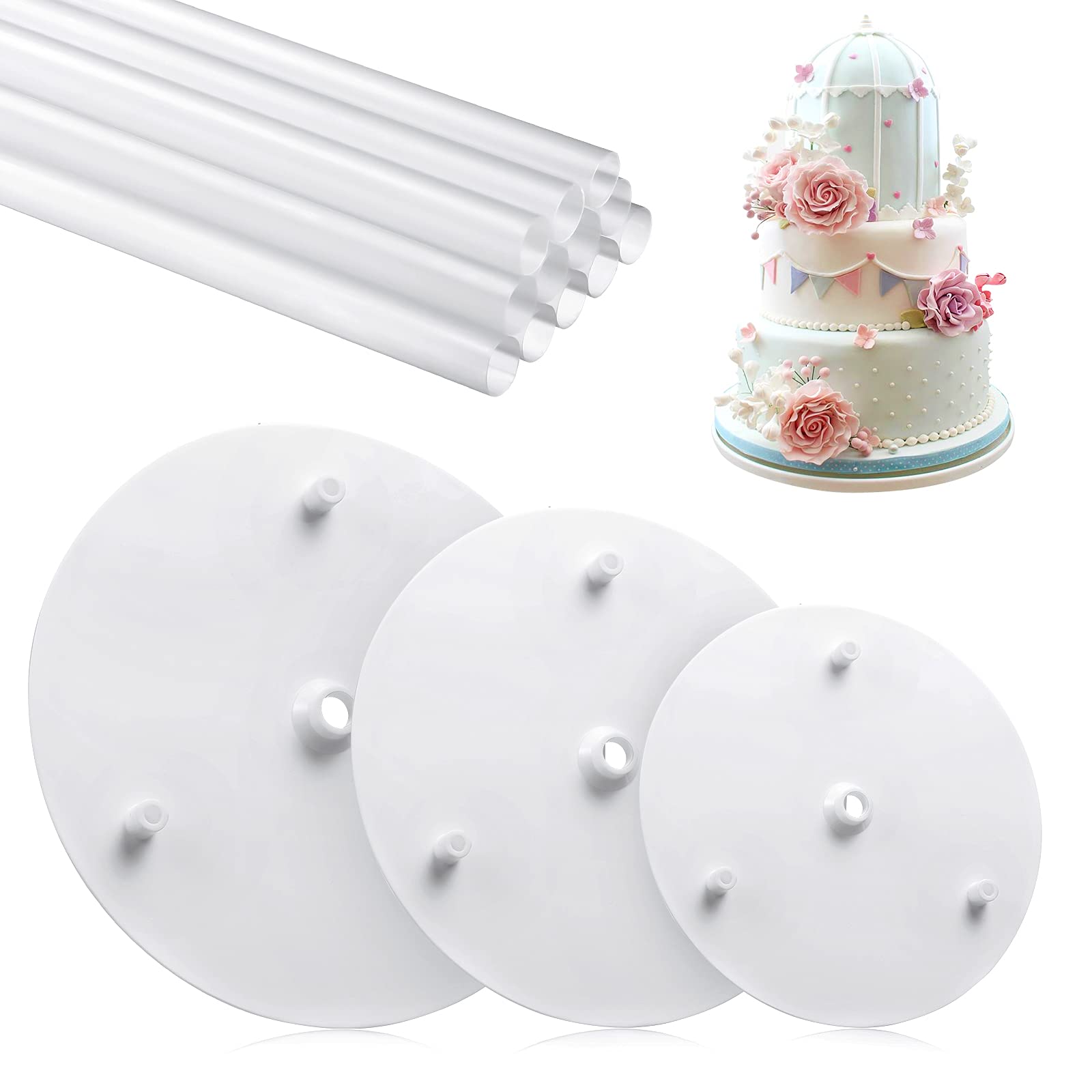 Honeydak 15 Pieces Cake Separator Plates Stands Set Include 3 Pcs Cake Separator Plates 6, 8, 10 Inch Cakes 12 Pcs Plastic Cake