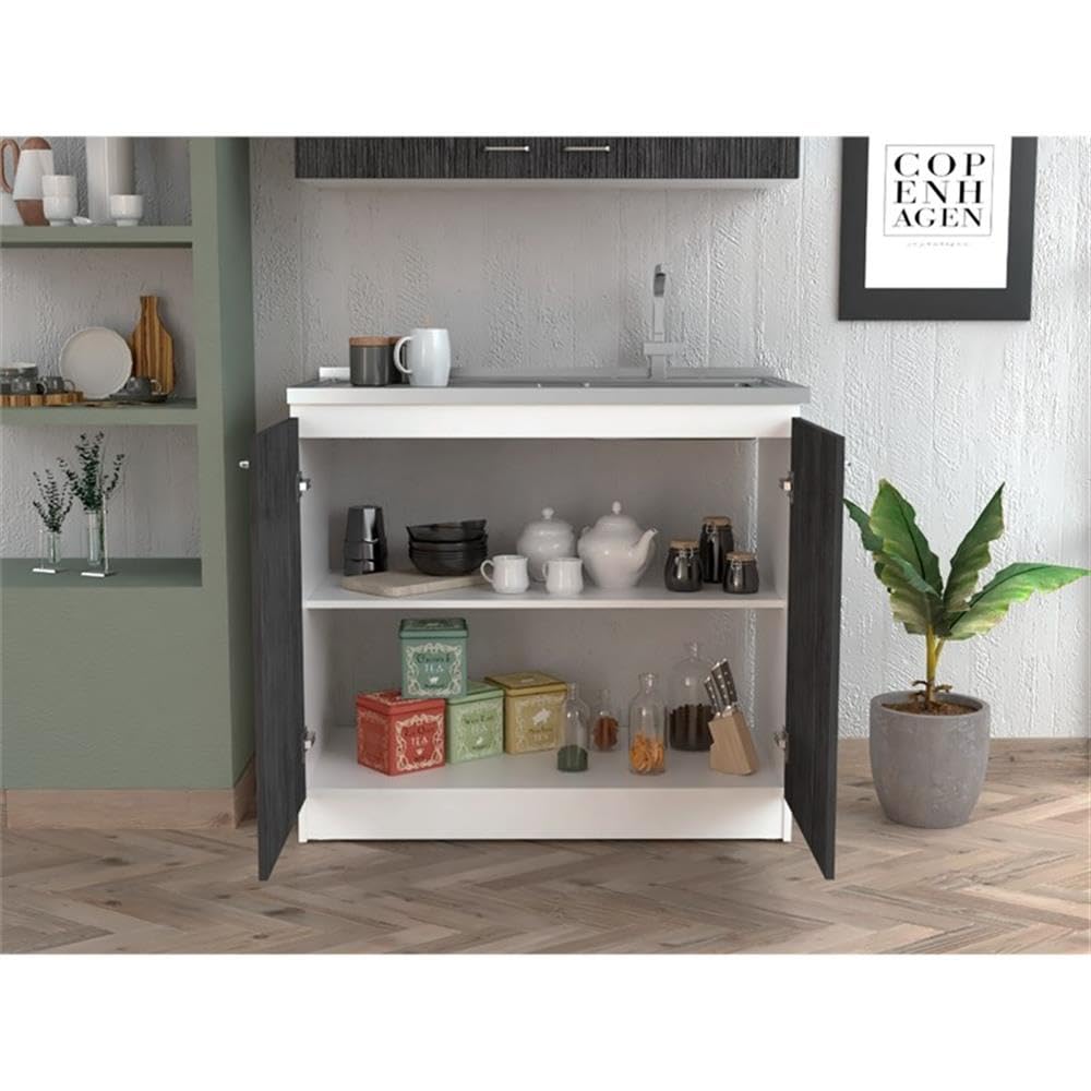 TUHOME Napoles Utility Sink  Two Shelves  Two-Door Cabinet  Countertop- White/Smoky Oak  For Kitchen Room