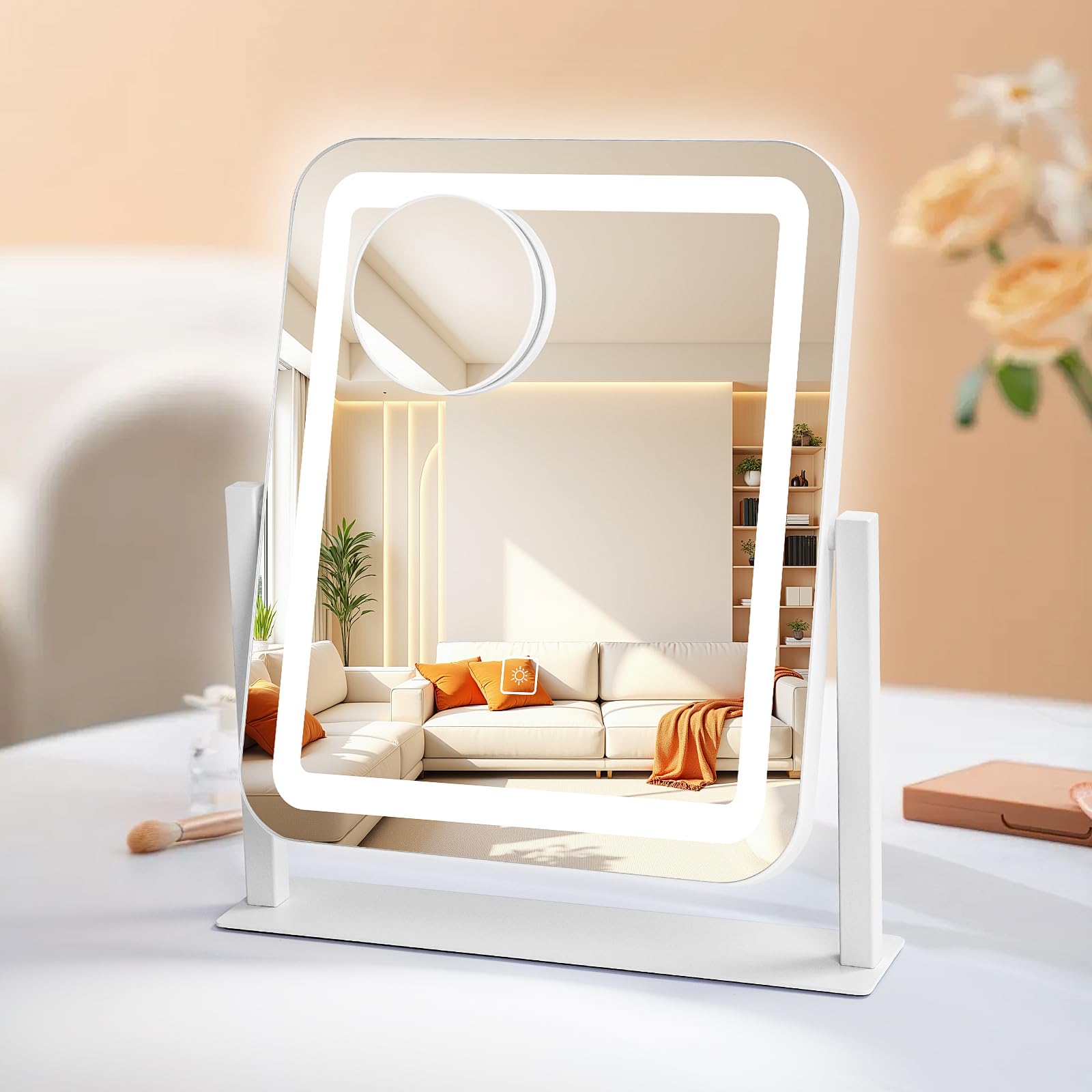 E-MeySource Vanity Mirror with Lights, 14.8x12.6 Inch White LED Makeup Mirror, 3-Color Dimmable LED Smart Touch Screen, 5X Magni