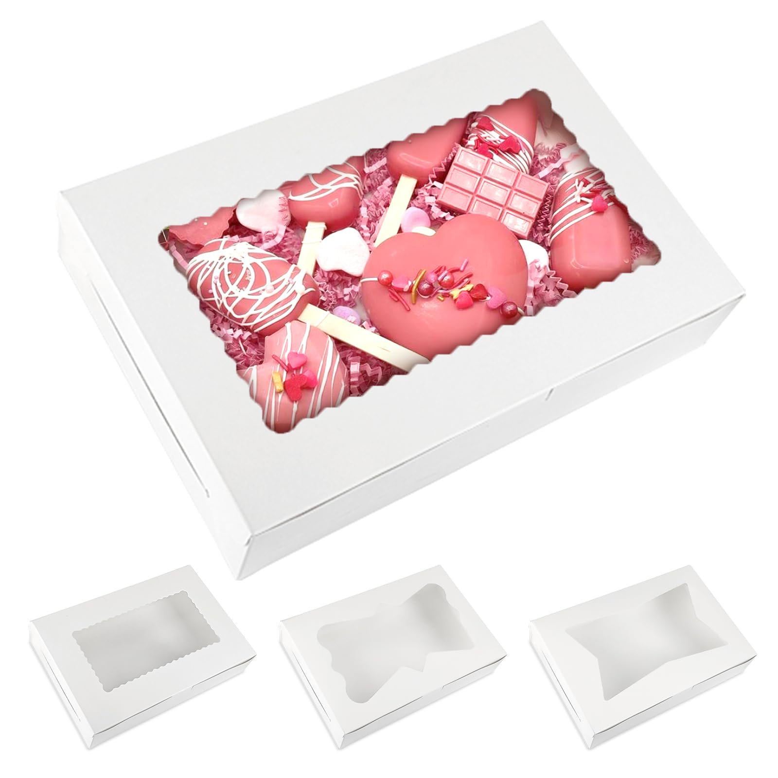Moretoes 48pcs Bakery Boxes,12x8x2.5 Inches Cookie Boxes with 3 Style Window for Chocolate Covered Strawberries, Desserts, Cooki