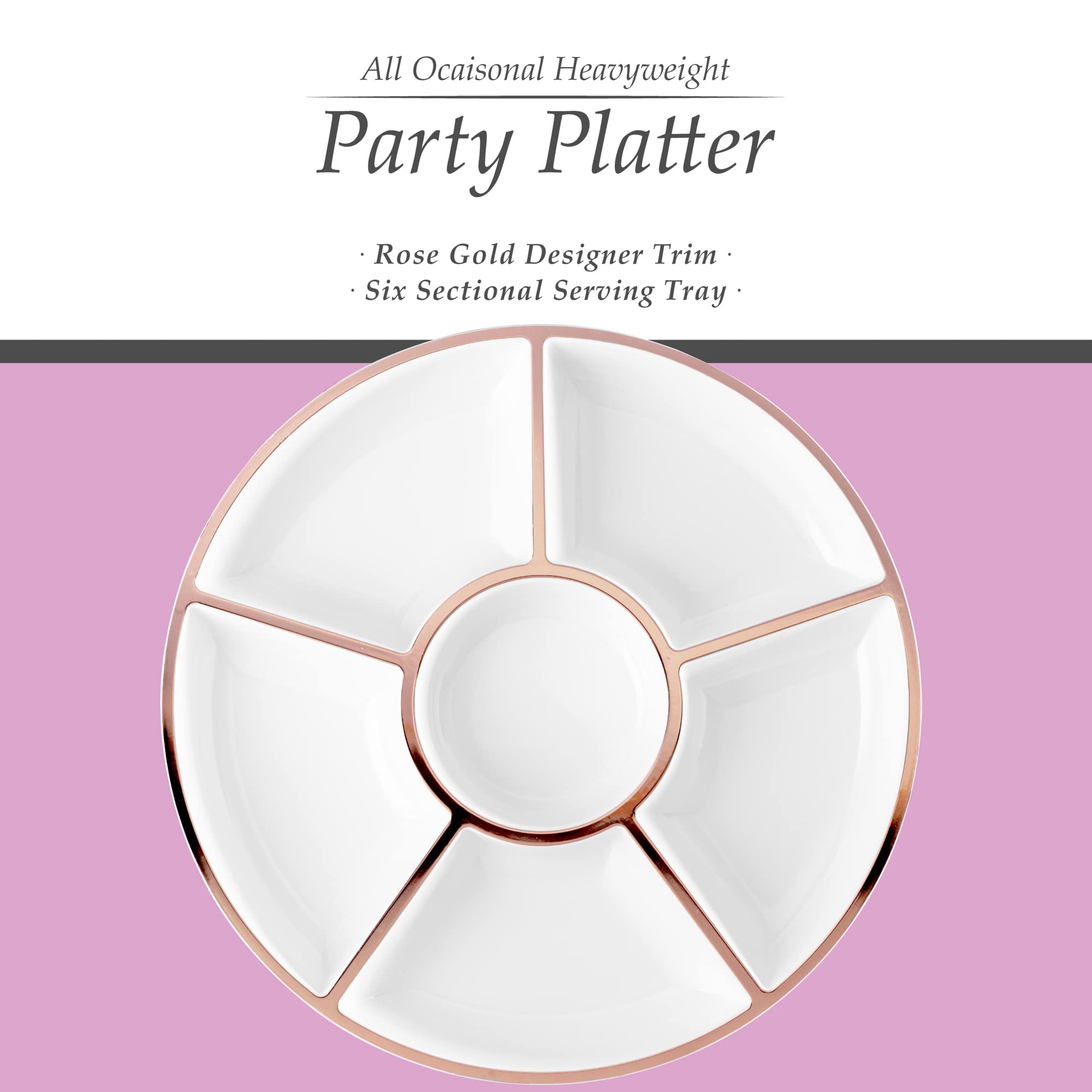 Plasticpro 6 Sectional Round Plastic Serving Trayplatter (2, White & Rose Gold)