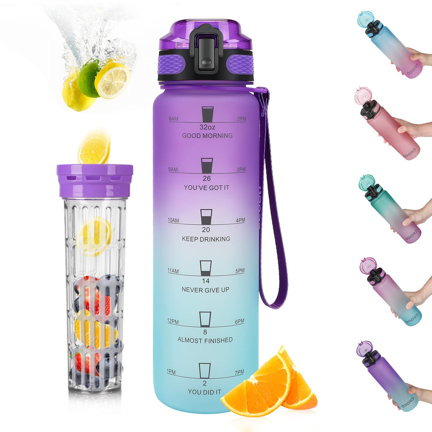 Opard 32Oz Sports Water Bottle With Motivational Time Marker To Drink, Reusable Bpa Free Tritan With Filter For Gym And Outdoor