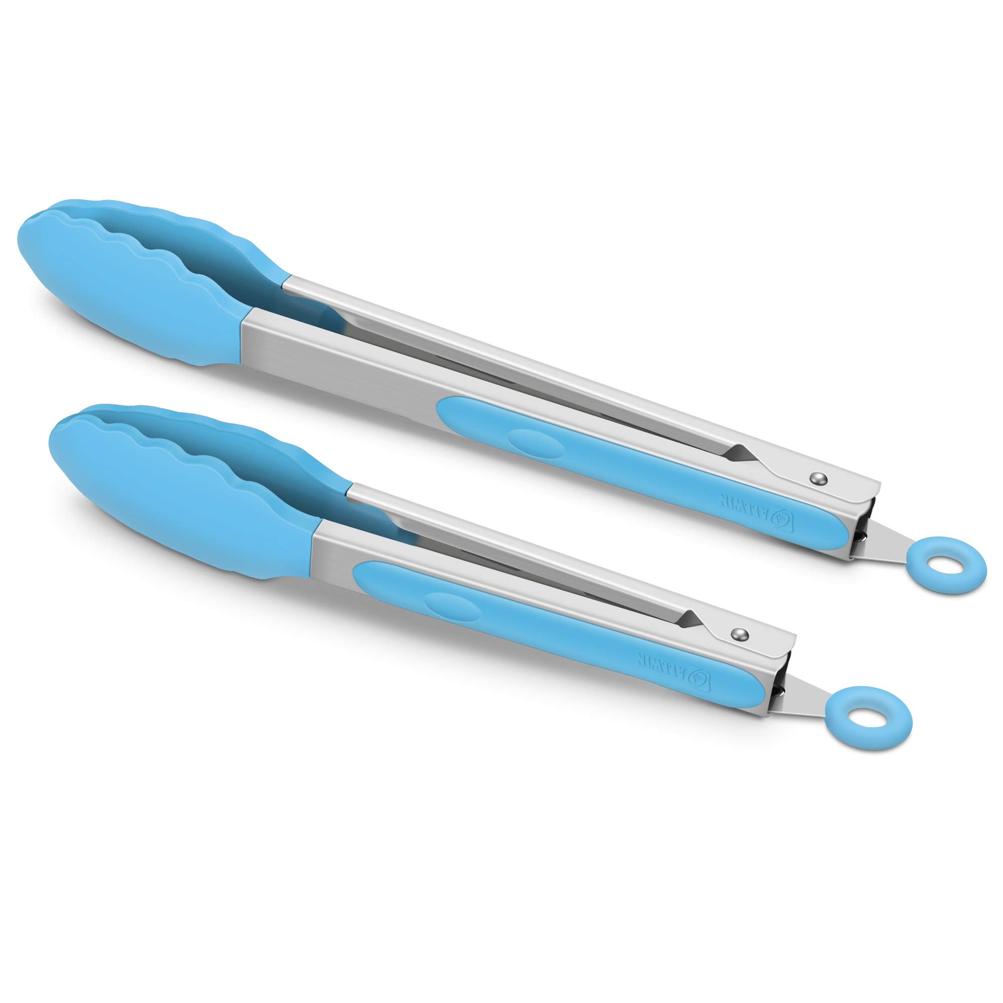 Set Of 2 Kitchen Tongs, Premium Stainless Steel Locking 9-Inch & 12-Inch Silicone Grilling Barbeque Cooking Food Tong, Blue