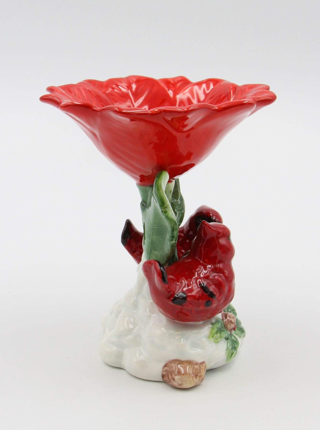 Cosmos Gifts Fine Ceramic Double Red Cardinal Birds With Red Poinsettia Flower Candy Dish, 5-1/2'' H