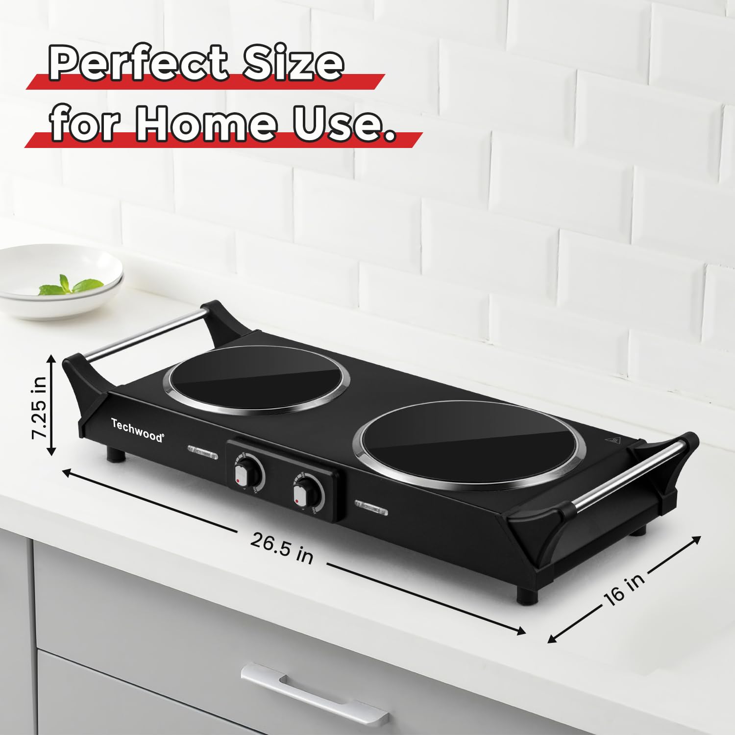 Hot Plate  Techwood 1800W Electric Stove  Countertop Double Burners for Cooking  Infrared Ceramic Dual Cooktops  Brushed Stainless Steel  Black