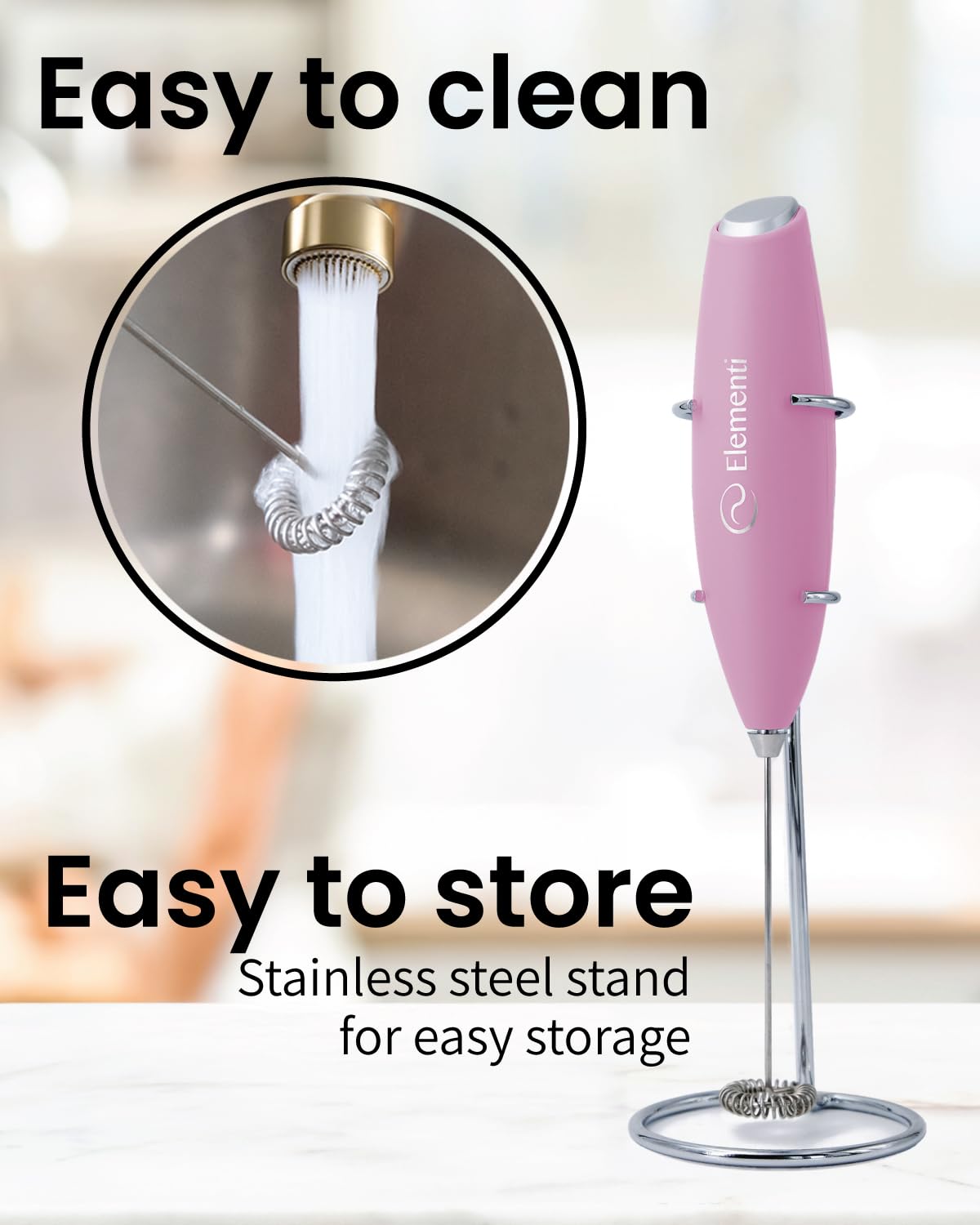 Elementi Milk Frother Electric - Coffee Whisk - Hand Frother for Coffee - Pink Coffee Maker - Coffee Frother Handheld - Pink Kitchen Appliances (Light Pink)