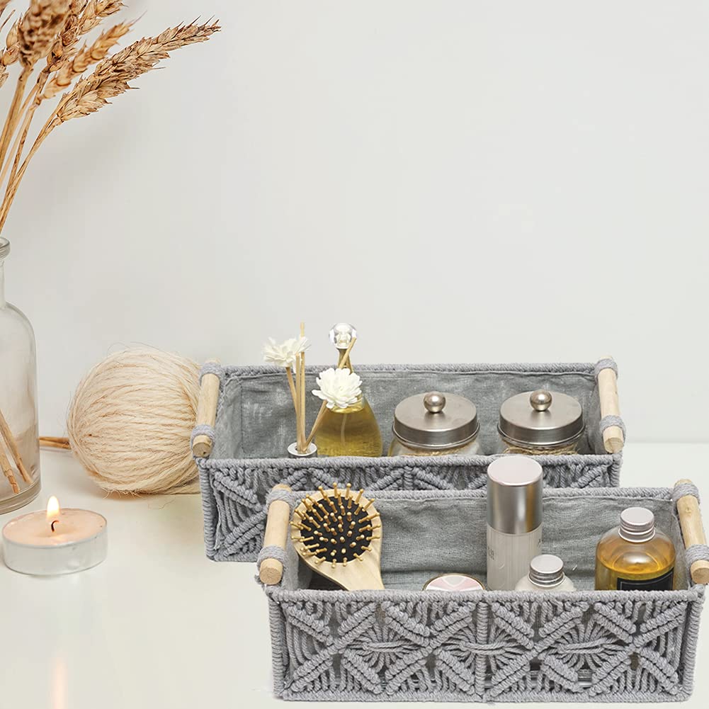 Macrame Storage Basket Boho Decor Baskets for Organizing Woven Decorative Countertop Toilet Paper Tank Top Home Bedroom Nursery Livingroom Entryway (Set of 2 Grey)