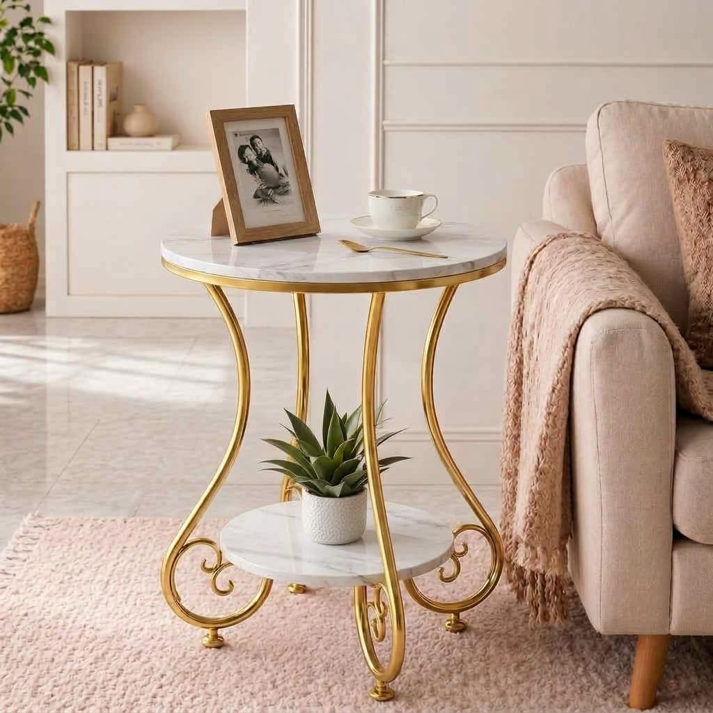 Cartaden 2 Tier End Table In Living Room, Industrial Style Round Bedside Table With Storage, Small Outdoor Coffee Table For Bedr