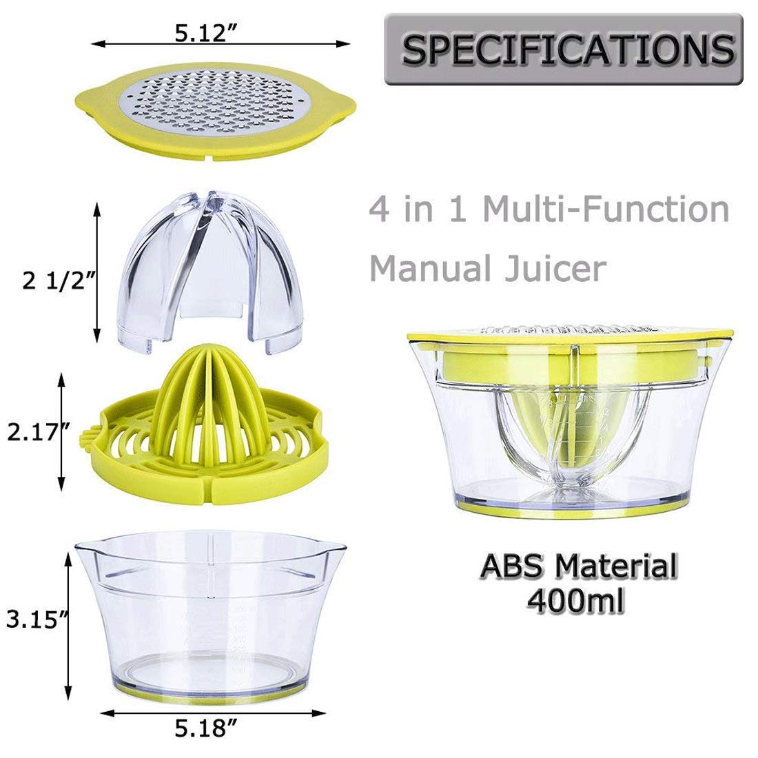 Drizom Citrus Lemon Orange Juicer Manual Hand Squeezer With Built-In Measuring Cup And Grater, 12Oz, Green