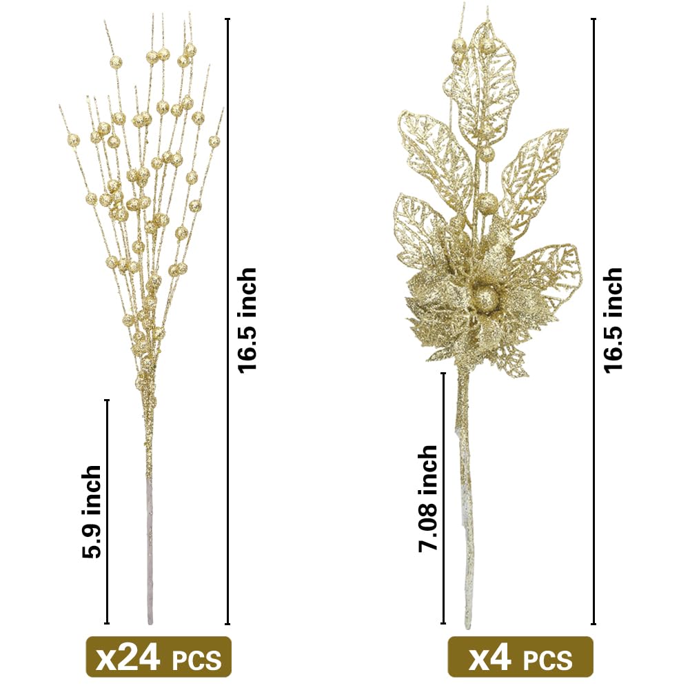 ROSELEAF 28 Pack Artificial Glitter Berry Stem Ornaments, Gold Christmas Ornaments Flower Branches Picks for Xmas Tree Decoratio