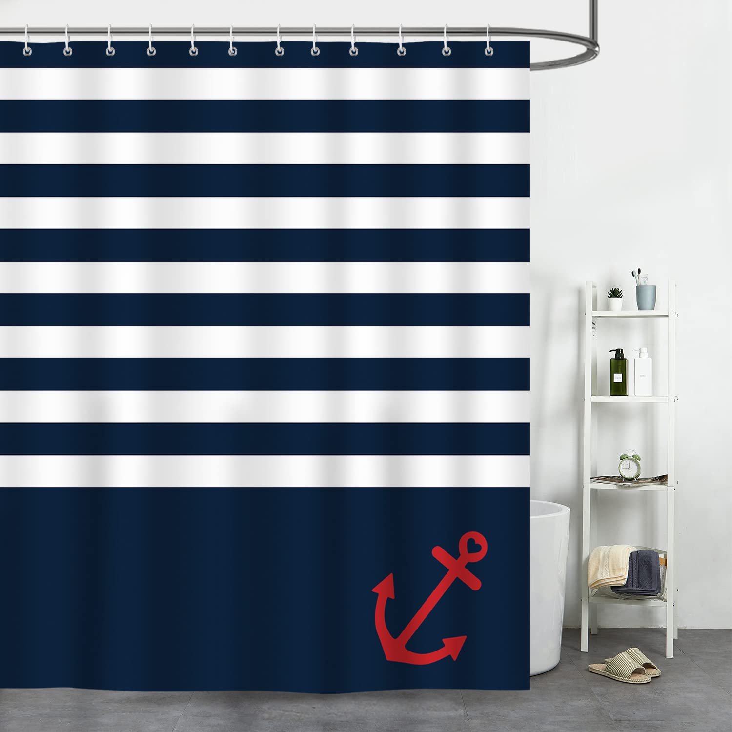 Bonhause Nautical Stripe Shower Curtain Anchor Navy Blue Decorative Bath Curtain 72 X 78 Inch Polyester Fabric Waterproof Bathro