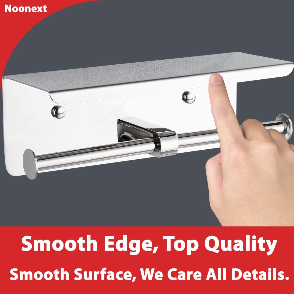 Double Toilet Paper Holder with Phone Shelf  Dual Roll Paper Dispenser with Shelf  Polished Chrome  Toilet Tissue Roll Holder with Rack  Adhesive No Drilling or Wall-Mounted with Screws