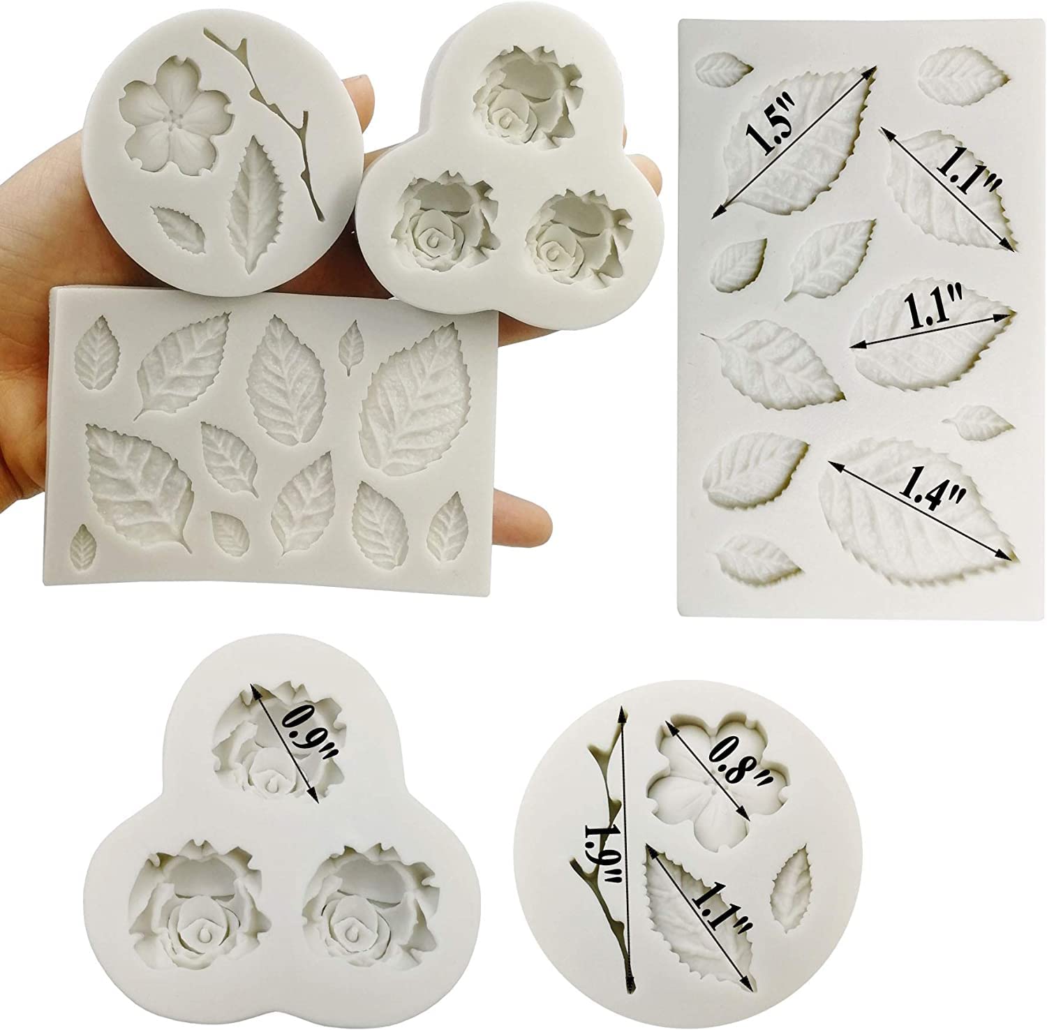 Flower Fondant Cake Molds 3 Pcs, Mini Flower Silicone Molds Roses Flower,Peach Flower And Leaf Molds, Candy Molds Set For Chocol