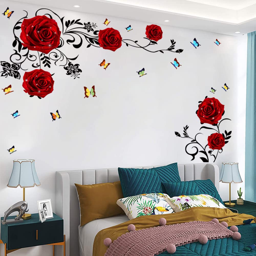 Supzone Red Rose Wall Stickers Rose Flower Vine Wall Decal Red Peony Floral Wall Decor DIY Vinyl Mural Art for Bedroom Living Room Sofa Backdrop TV Wall Decoration