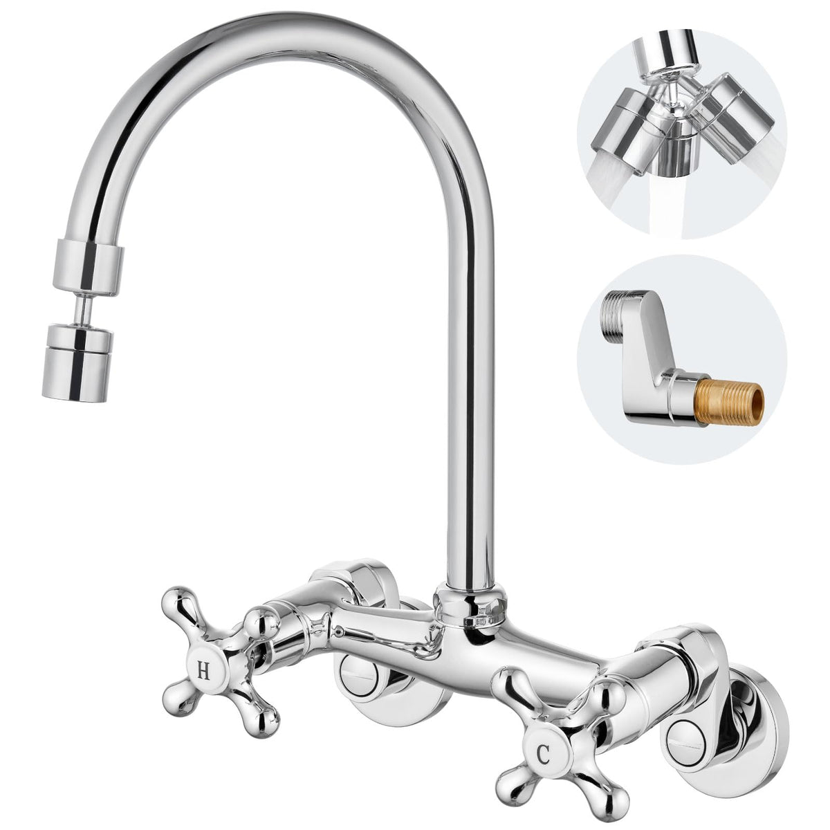 Airuida Chrome Polish Wall Mount Kitchen Sink Faucet 6 Inch Center Wall Mounted Kitchen Faucet Double Handles 360 Degree Swivel