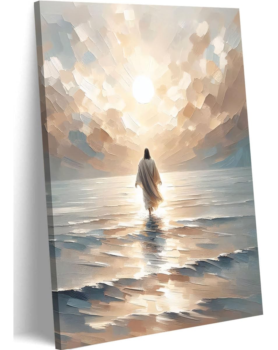 Jesus Walking on Water Canvas Wall Art Jesus Walking on Water Back Wall Decor Pictures Jesus Christian Posters Prints for Living