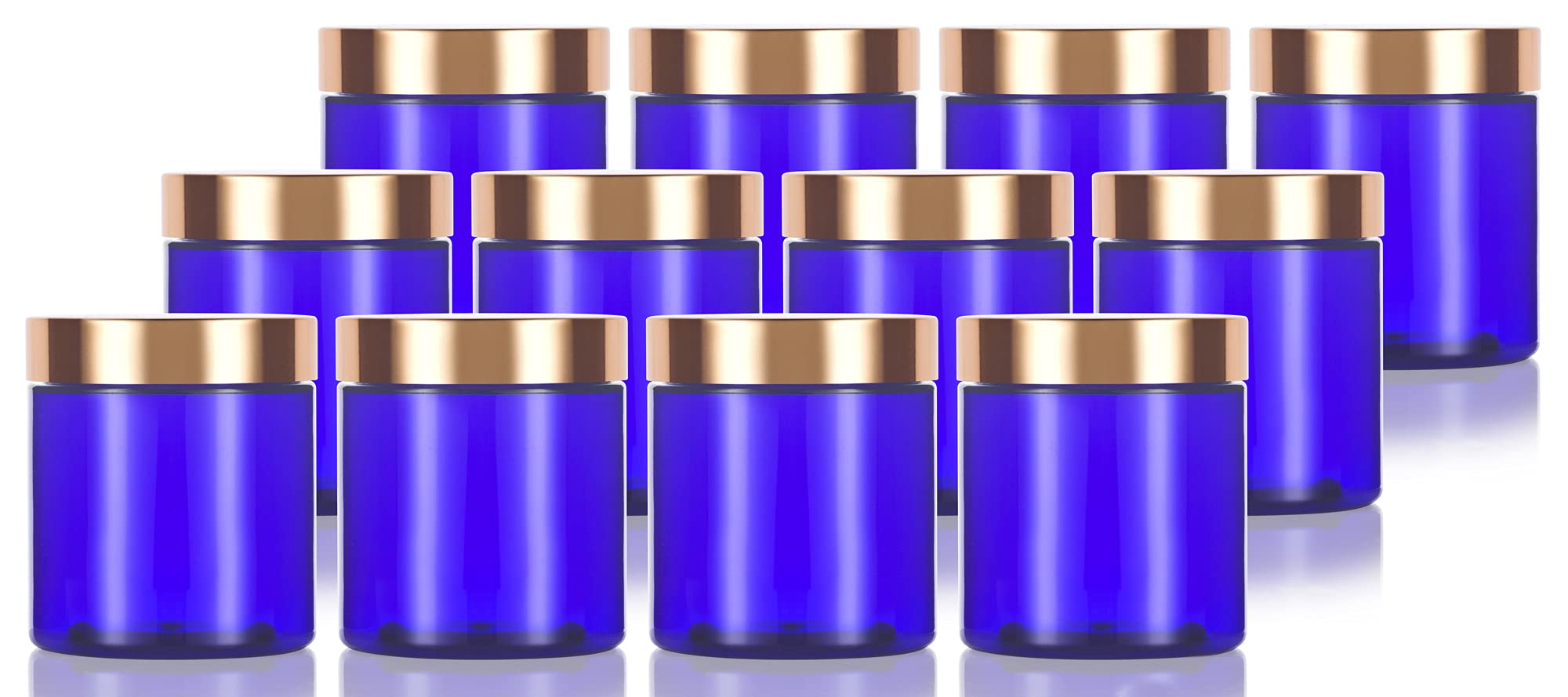 Juvitus 8 Oz Cobalt Blue Plastic Jar With Gold Metal Overshell Lid (12 Pack)