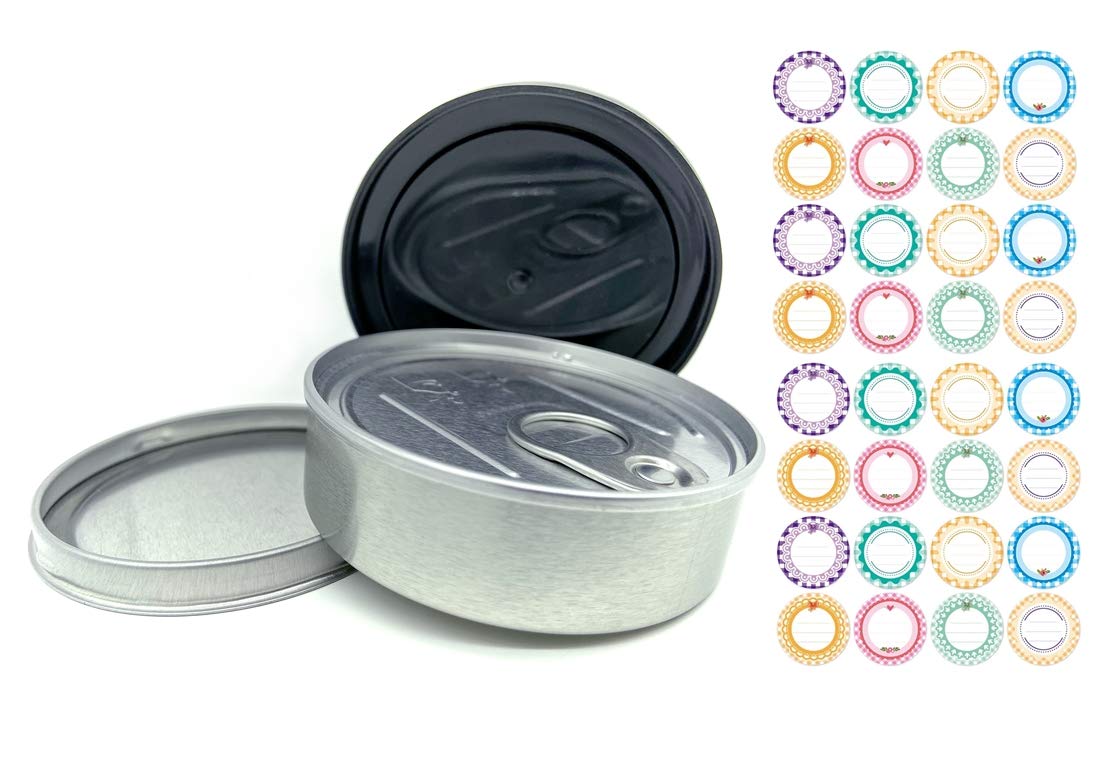 Yeepon 20Sets Cali Self-Seal Tin Can With Lid - Tuna Can Hoop Ring - No Tools Needed + 32Pieces Can Labels?100Ml/3.5] (20Sets) (