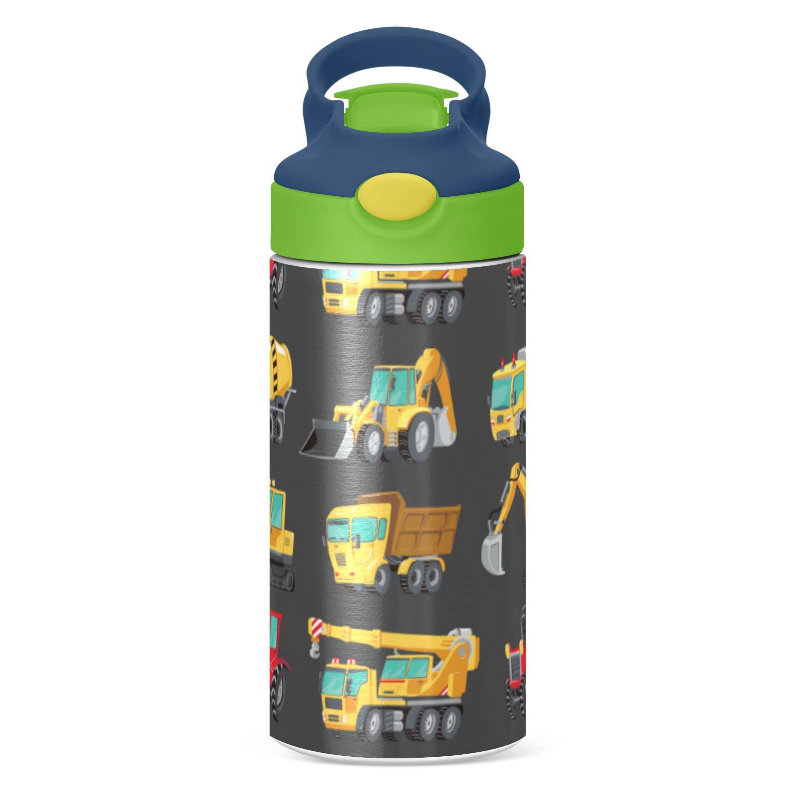 Boccsty Yellow Tractor Truck Kids Water Bottle With Straw Lid Car Insulated Stainless Steel Reusable Tumbler For Boys Girls Todd