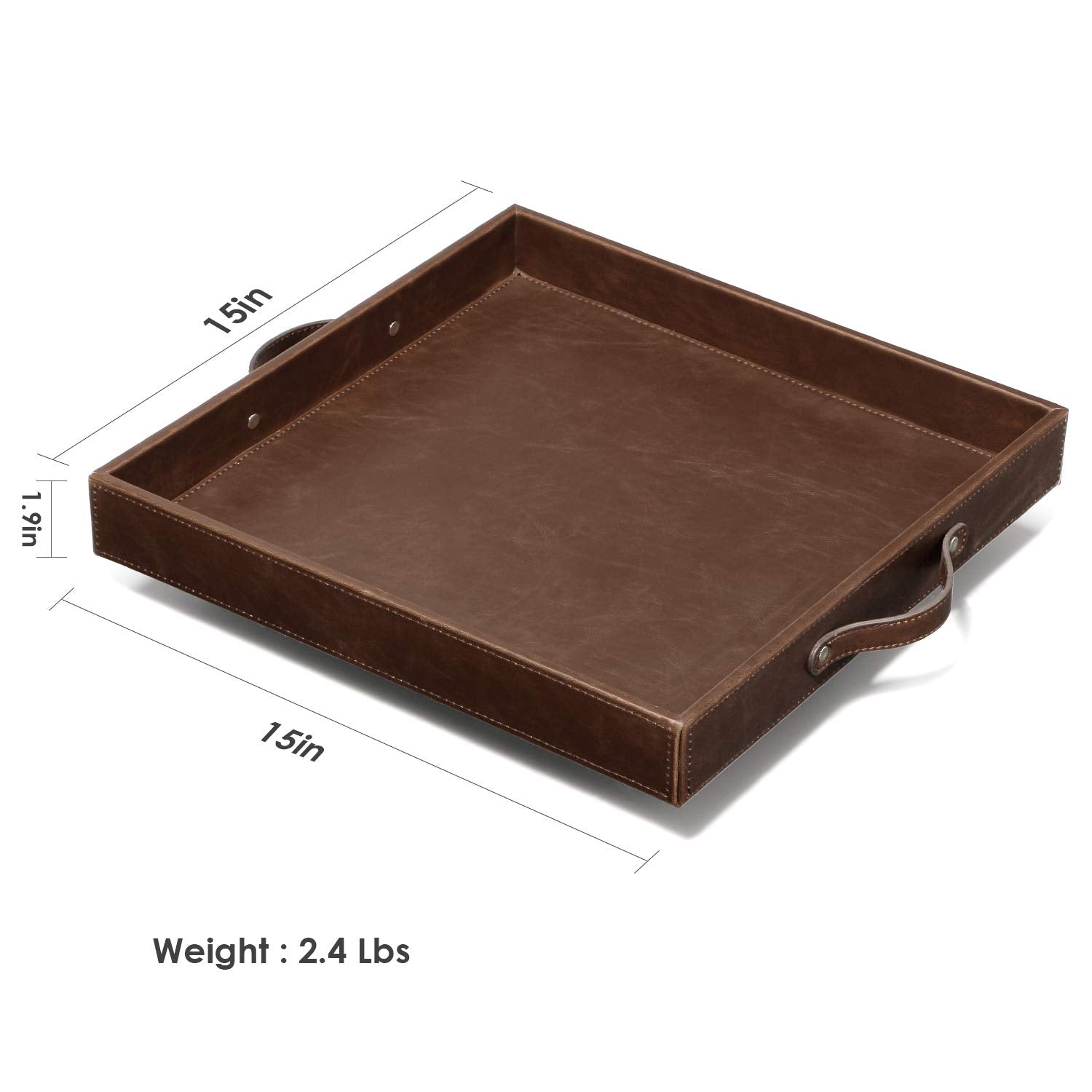 Ranslen Square Leather Serving Tray With Handles, 15''X15'' Table Trays For Ottoman Coffee Table, Decorative Tray For Home Organ