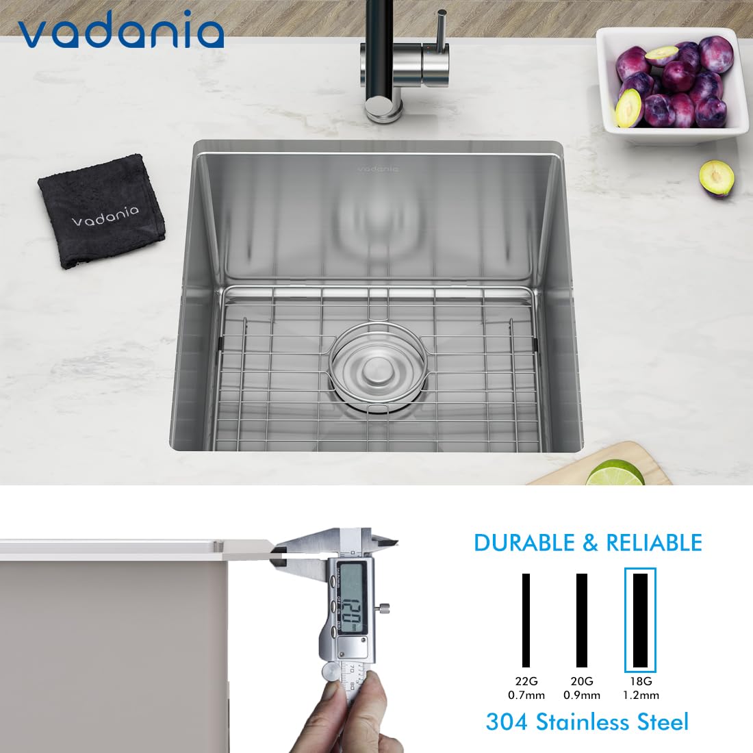 Vadania Bar Prep Sink 18-Inch, 18''X18''X10'', Single Bowl, Undermount, 18 Gauge T304 Stainless Steel, Satin Finish, With Strain