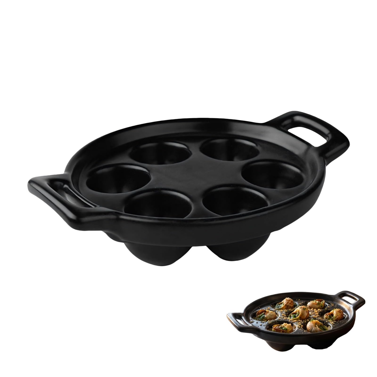 Cabilock Ceramic French Escargot Plate Dish with 6 Holes and Handles Oyster Serving Pan Mushroom Snail Baking Platter Seafood Ba