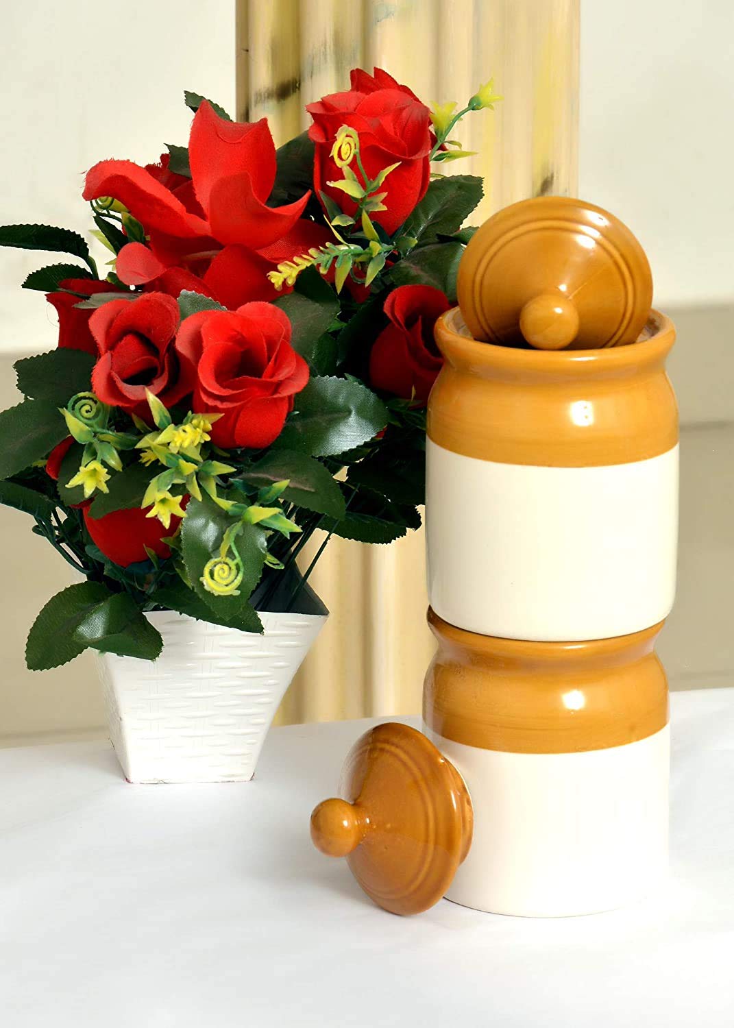The Himalaya Craft Ceramic 300 Ml Pickle Jar Container For Kitchen Storage, Jars Set For Dining Table. (2) Set Of 2