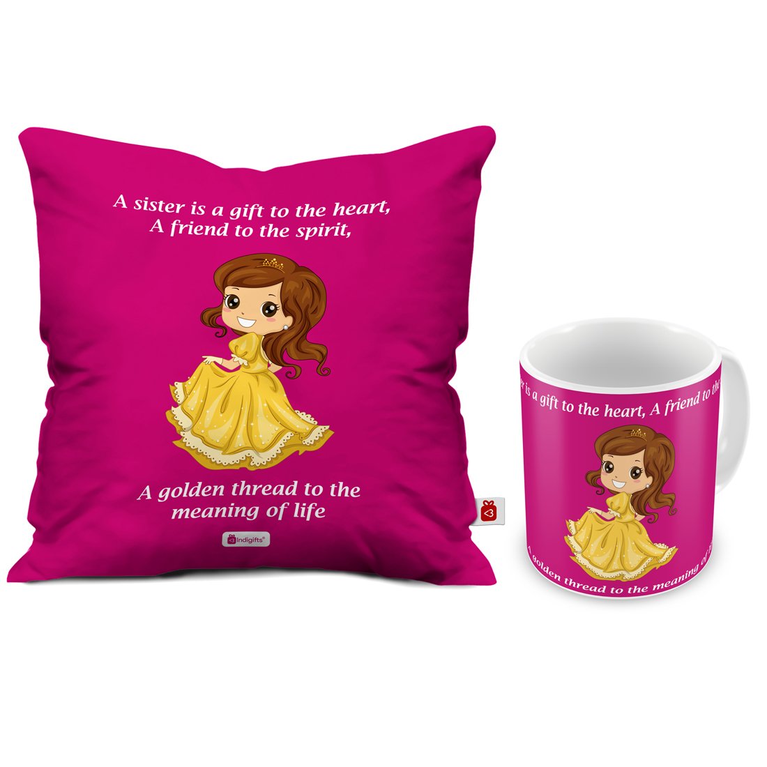 Indigifts Rakhi Gift for Sister My Golden Thread of Life Quote Coffee Mug 330 ml & Cushion Cover 12x12 inch with Filler - Raksha
