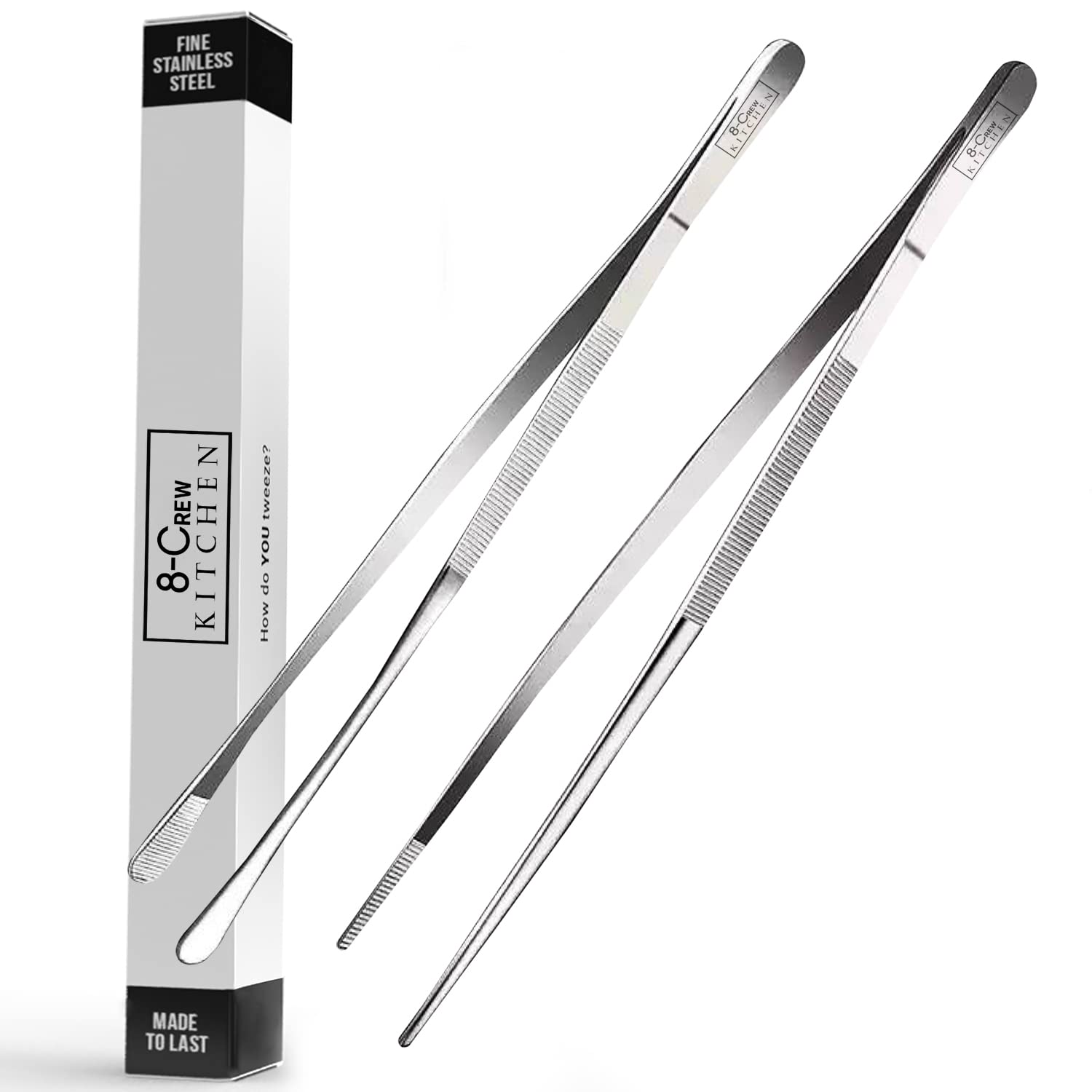 8-Crew Kitchen Cooking Tweezers - 12 Inch 304 Stainless Steel Set Of 2 - Culinary Chef Tweezers For Multi-Purpose, Plating, Food