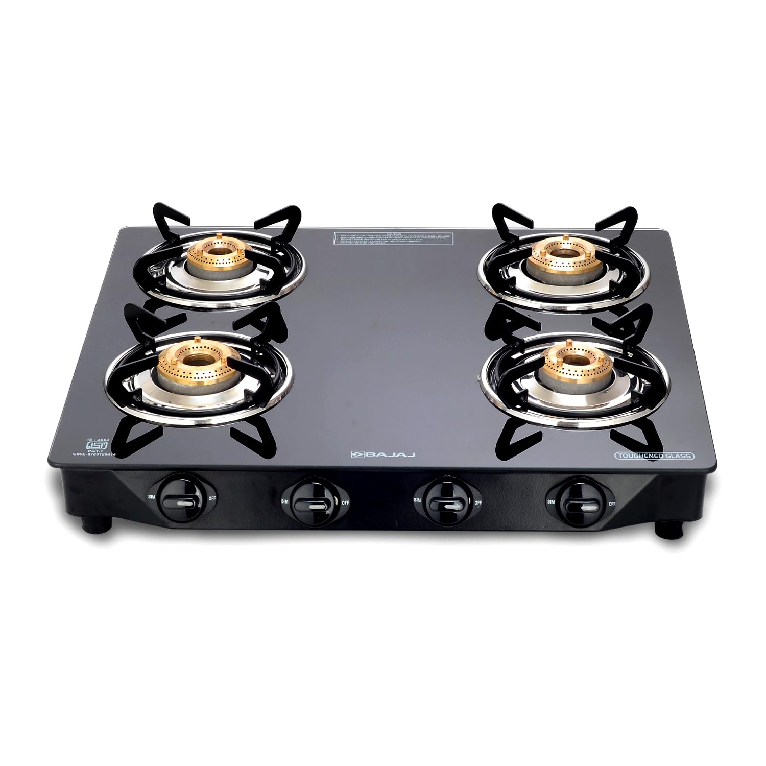 Bajaj Ultra 4 Burner Gas Stove | 6 Mm Toughened Glass Top With Charcoal Finish Powder Coasted Frame | 4 Brass Burners | 1Yr War