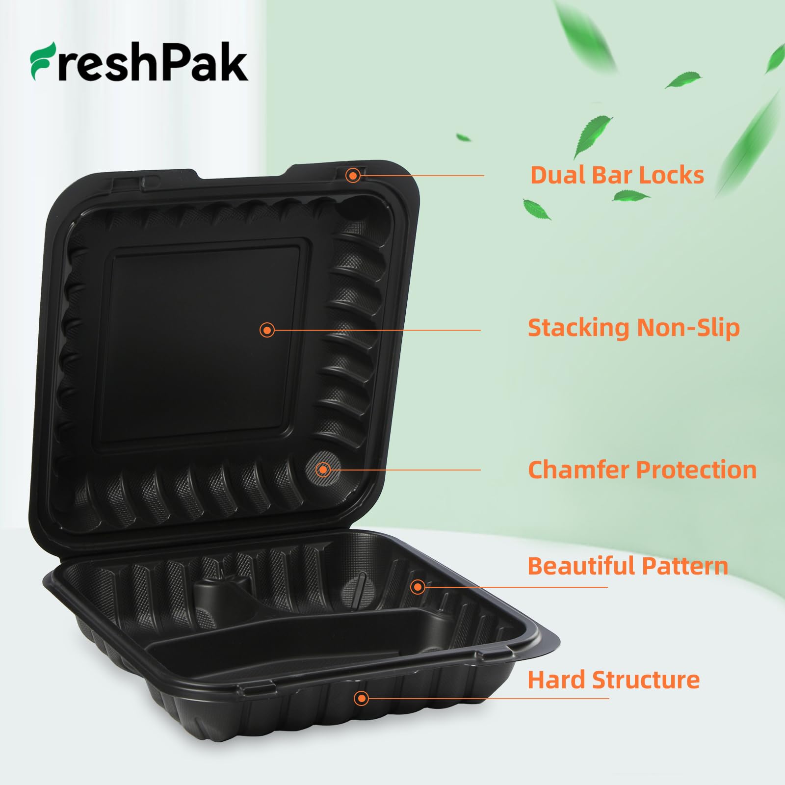 Freshpak Clamshell Food Containers, 55-Pack Plastic Black To Go Containers With Lids For Lunch 34 Oz Reusable Bpa Free 3-Compart