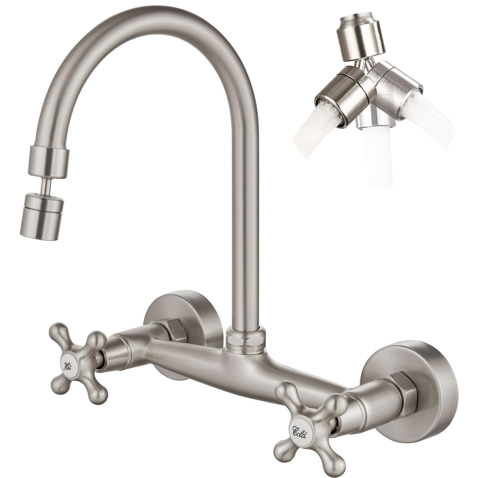 Airuida Brushed Nickel Wall Mount Kitchen Faucet with Sprayer Wall Mounted Kitchen Sink Faucet 8 Inch Center Double Cross Handles 360 Degree Swivel Spout Restaurant Mixer Tap Commercial