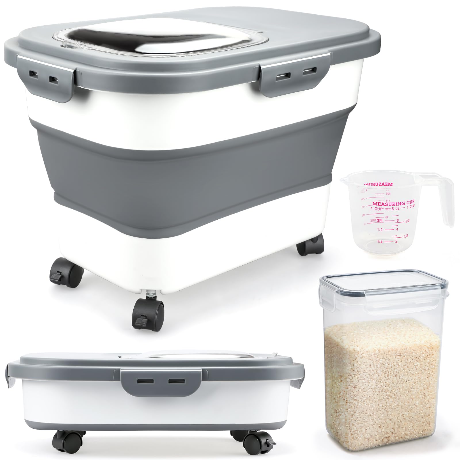 Komzon Rice Storage Containers, Collapsible 20 to 30Lbs Food Storage Bin Dispenser with Rolling Wheel and Clear Airtight Lid, BP