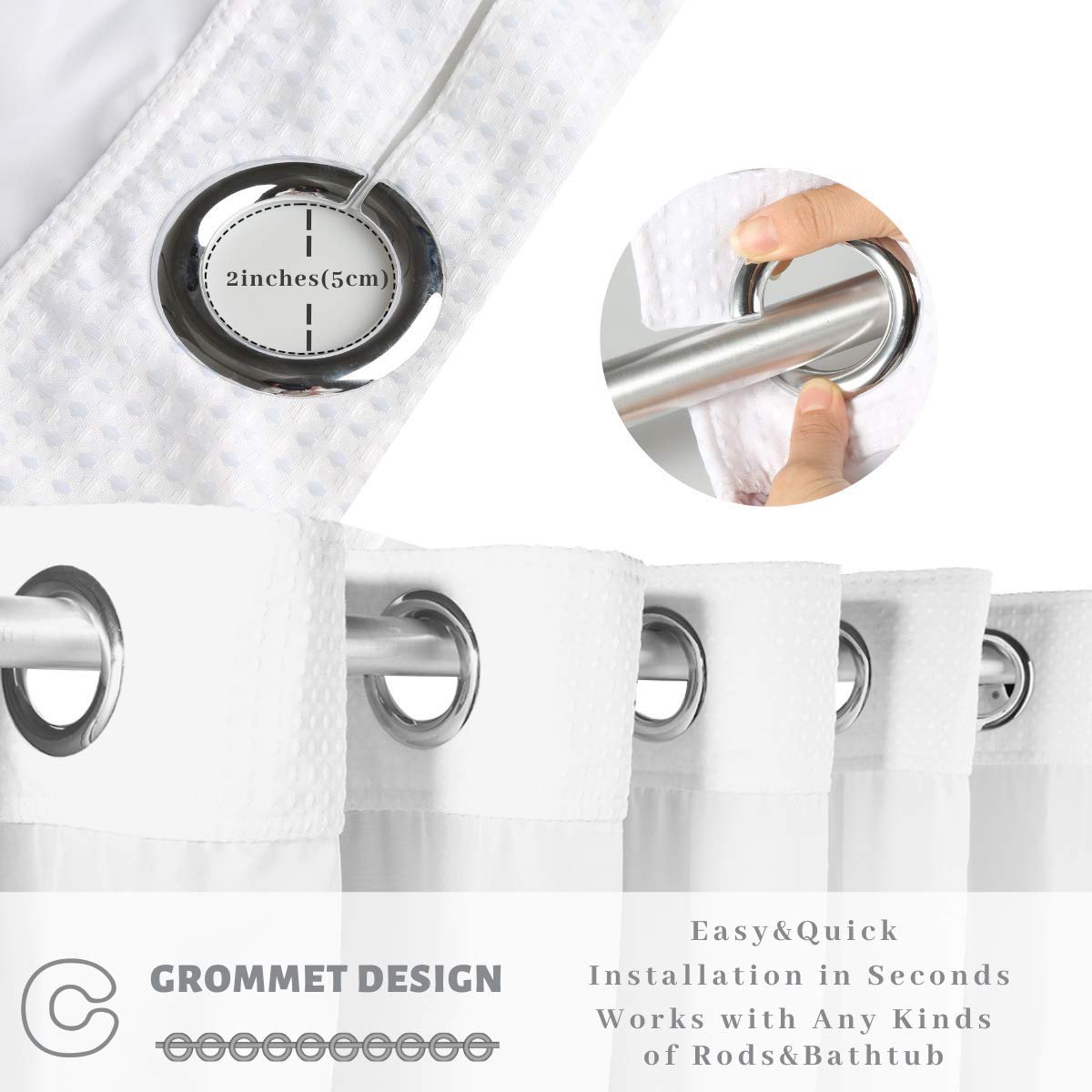 Ecoehoe 71X86 White Waffle Weave Fabric No Hooks Shower Curtain With Removable Polyeste Liner - Heavy Duty Bath Curtain With See