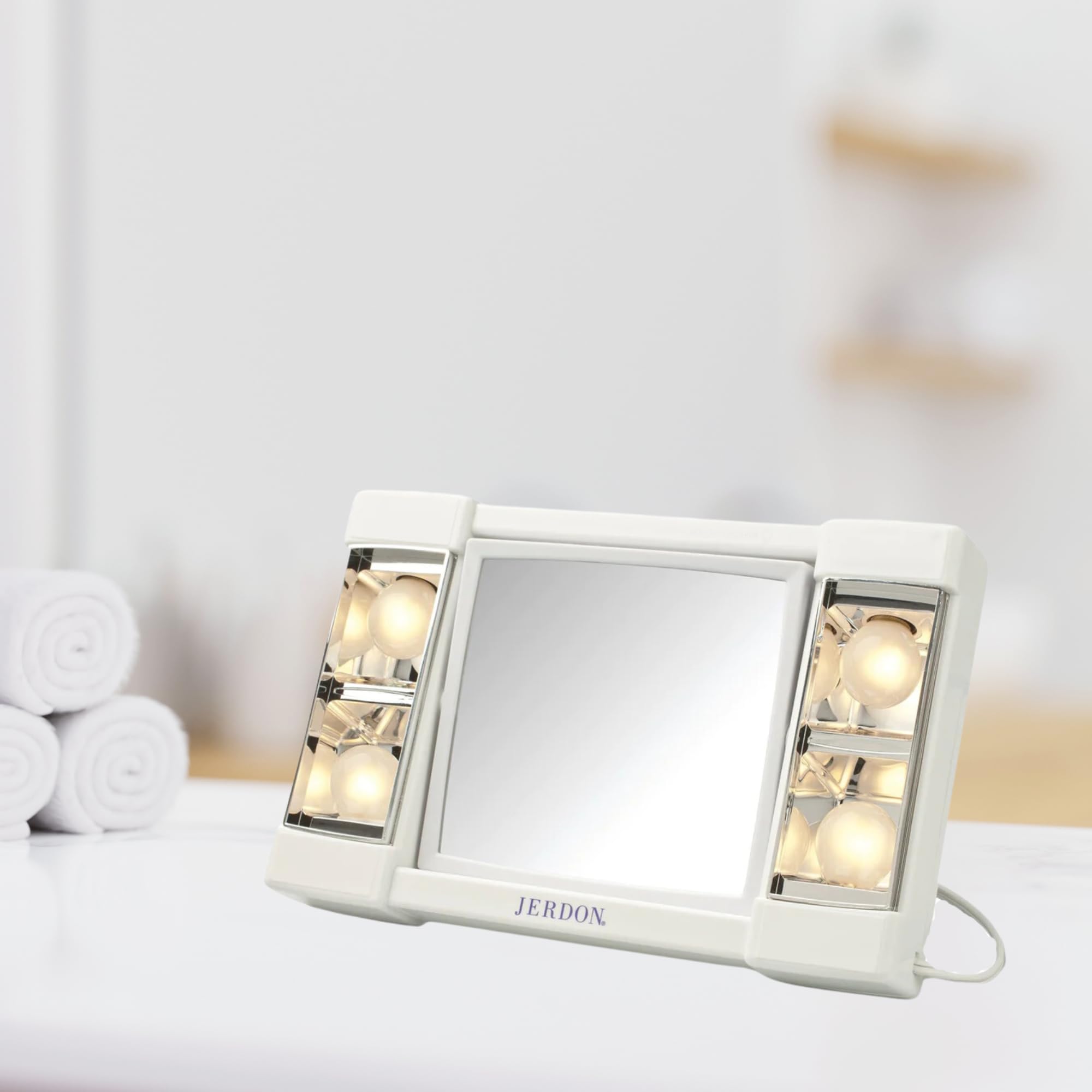 Jerdon Two-Sided Makeup Mirror With Lights - Vanity Mirror With 3X Magnification & Glare-Free Lighting - White Base - Model J101