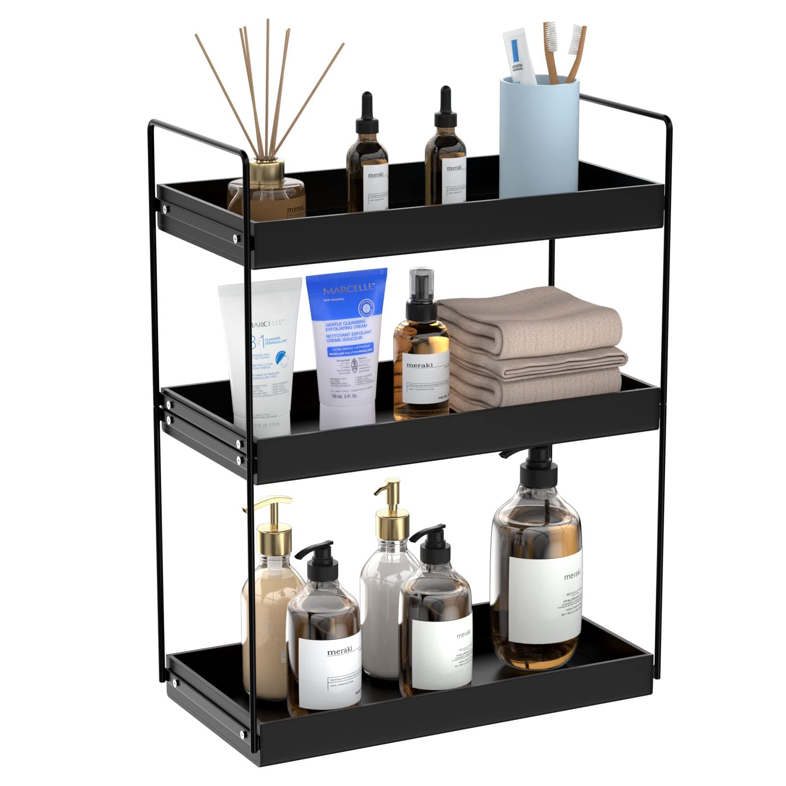 Bathroom Countertop Organizer, 3 Tier Metal Vanity Counter Skincare Shelf, Matte Black Under Sink Standing Rack With Acrylic Tra