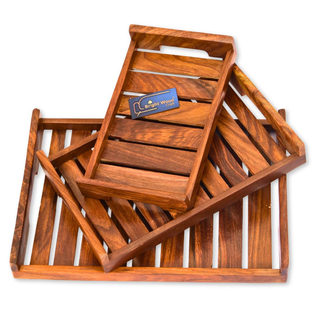 Bright Wood Craft 3 Pieces Wooden Serving Trays With Square Handles Decorative Trays Platters Nesting Trays For Coffee Table Par