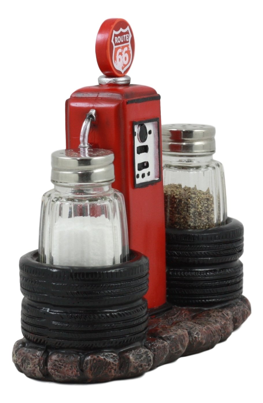 Route 66 Old Fashioned Gas Pump Station Salt Pepper Shaker Holder Figurine Cross Country Road Trip Lovers