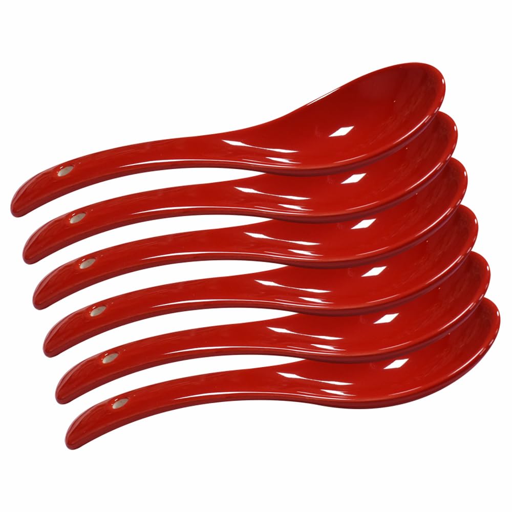 Lotatheta Dark Red 6 pcs Porcelain Soup Spoon Ceramic RoundBottom Asia Rice Spoons Chinese Won Ton Spoons for Home Kitchen Rest