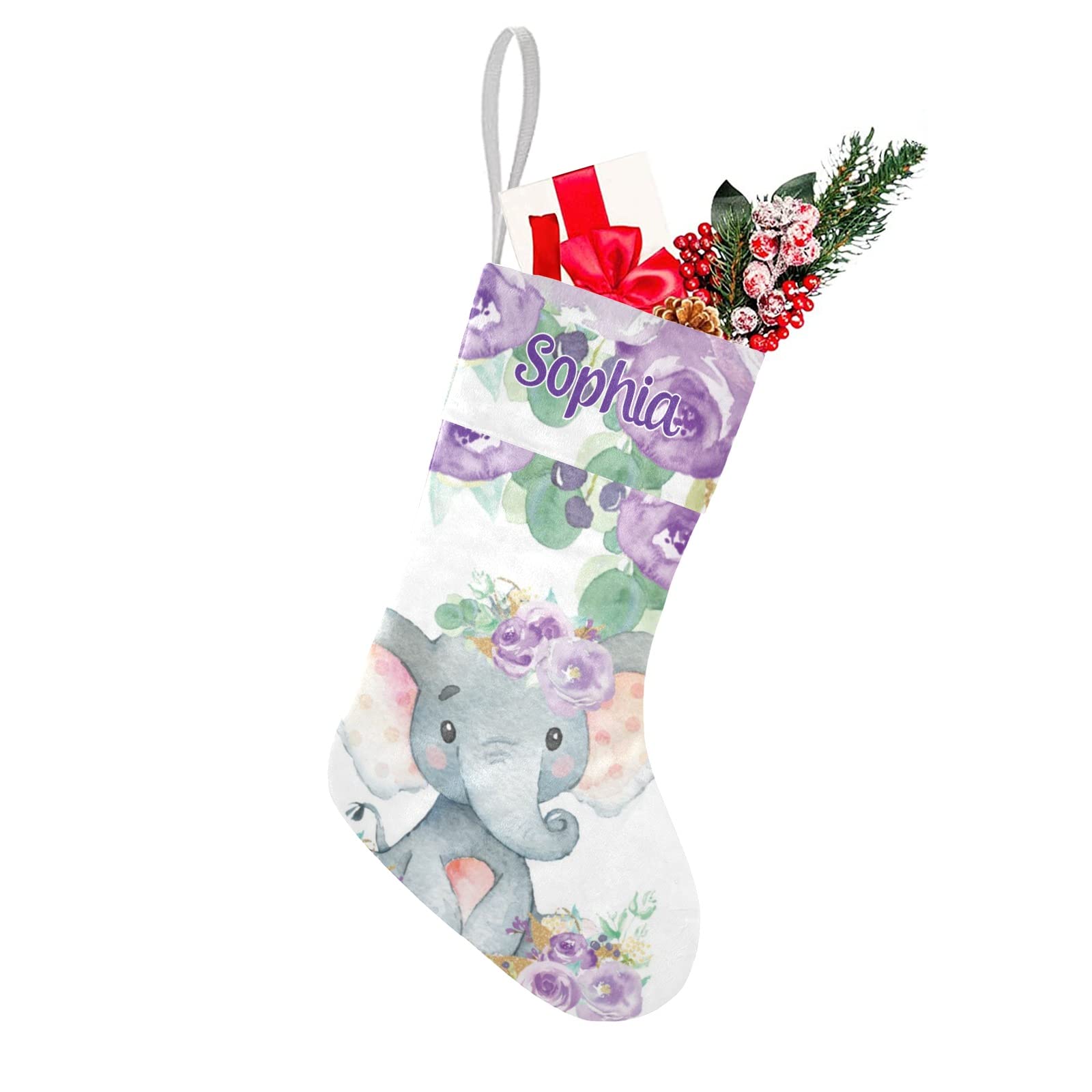 Personalized Purple Floral Elephant Custom Family Xmas Stockings with Name for Home Christmas Party Ornaments Decoration17.52 x 