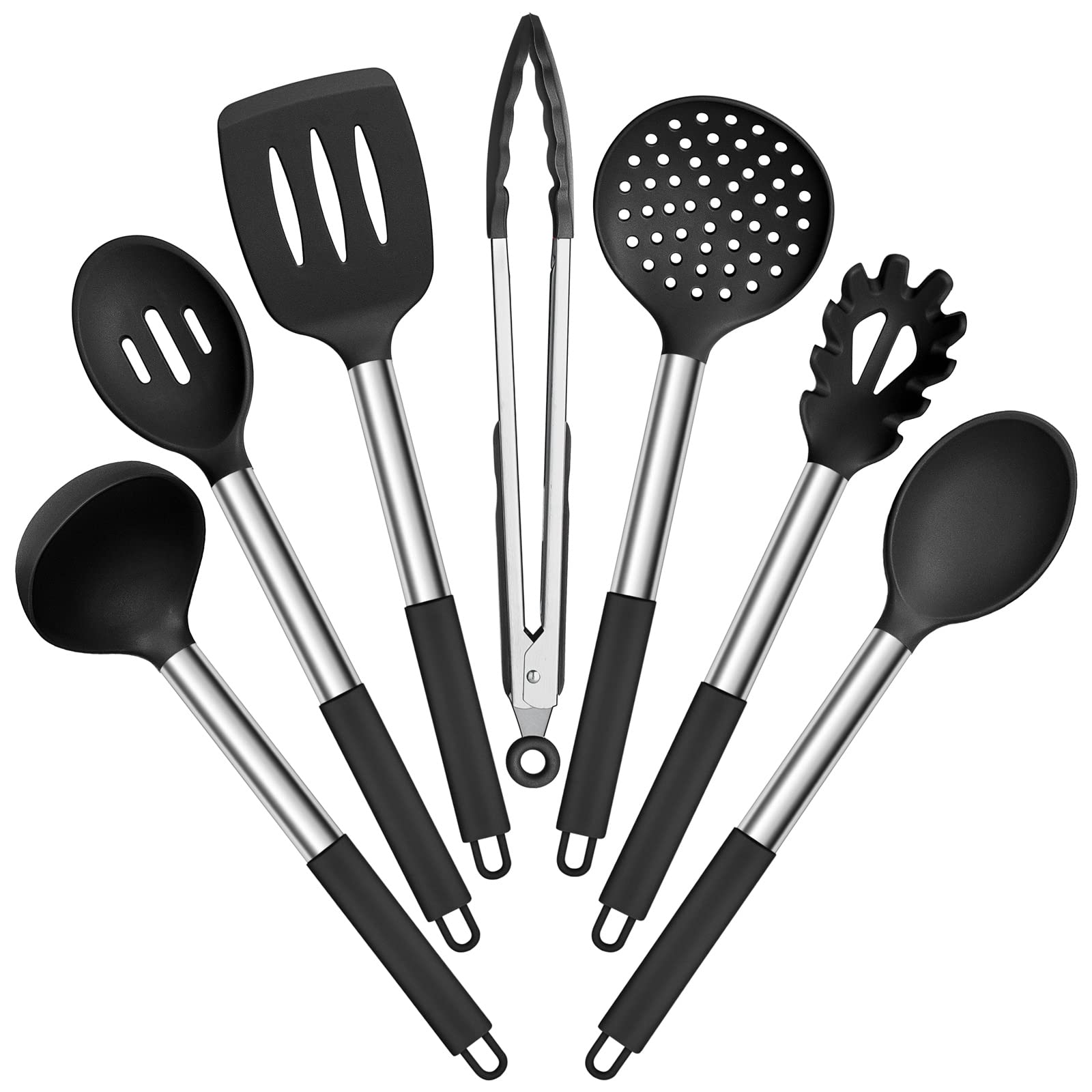 E-Far Silicone Cooking Utensils Set, 7 Pcs Heat Resistant Kitchen Utensils With Stainless Steel Handle, Slotted Turner, Spoon, S