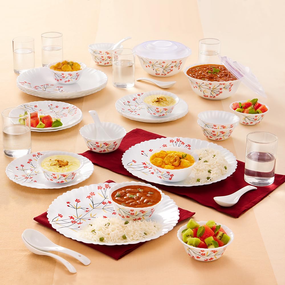 Larah By Borosil Red Bud Silk Series Opalware Dinner Set With Glasses, 40 Pieces For Family Of 6, Microwave & Dishwasher Safe, B