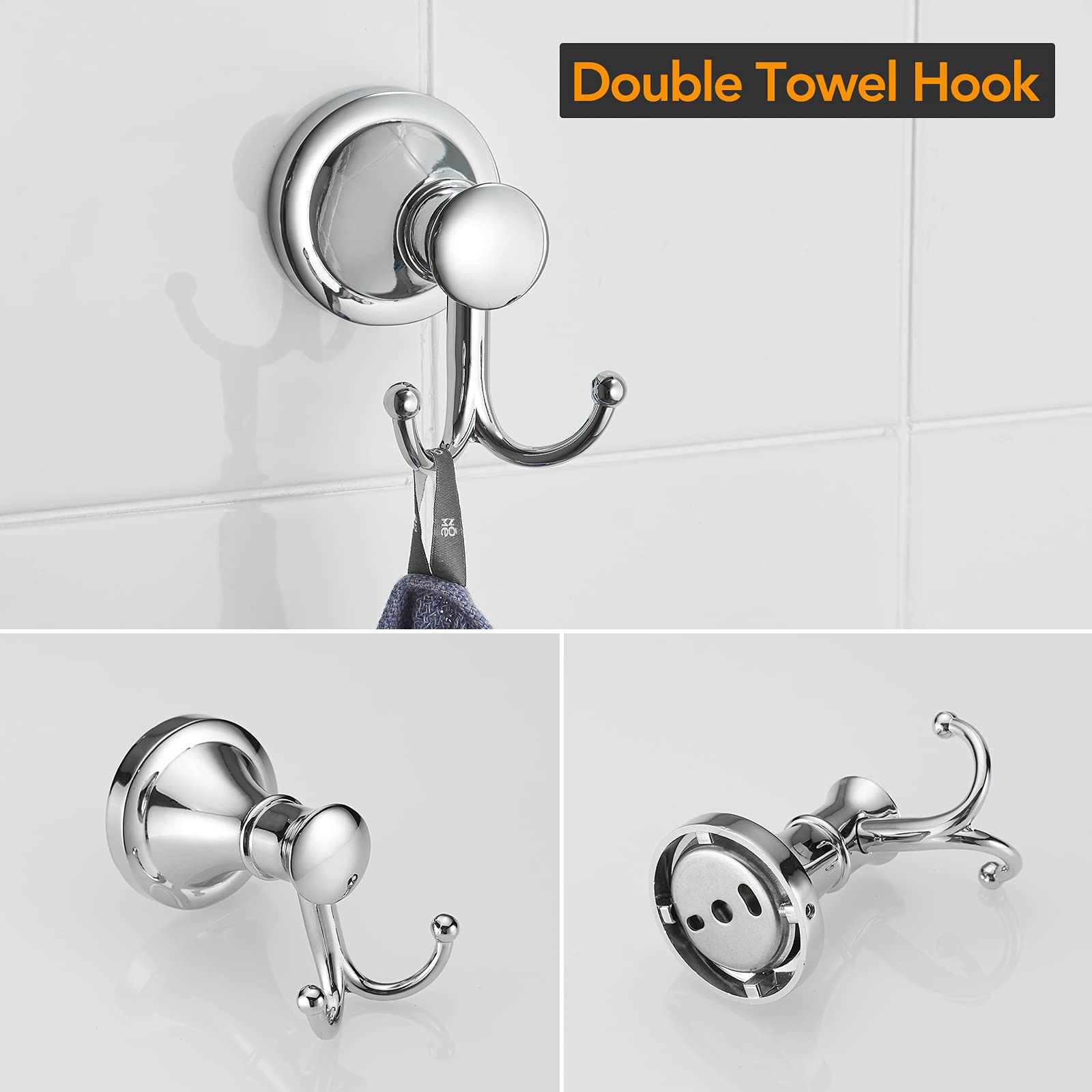BESy Polished Chrome 4 Piece Bathroom Accessories Set (Single Towel Bar  Towel Ring  Toilet Paper Holder  Double Towel Hooks)  Wall Mounted Bath Hardware Accessory Fixtures Rack Set