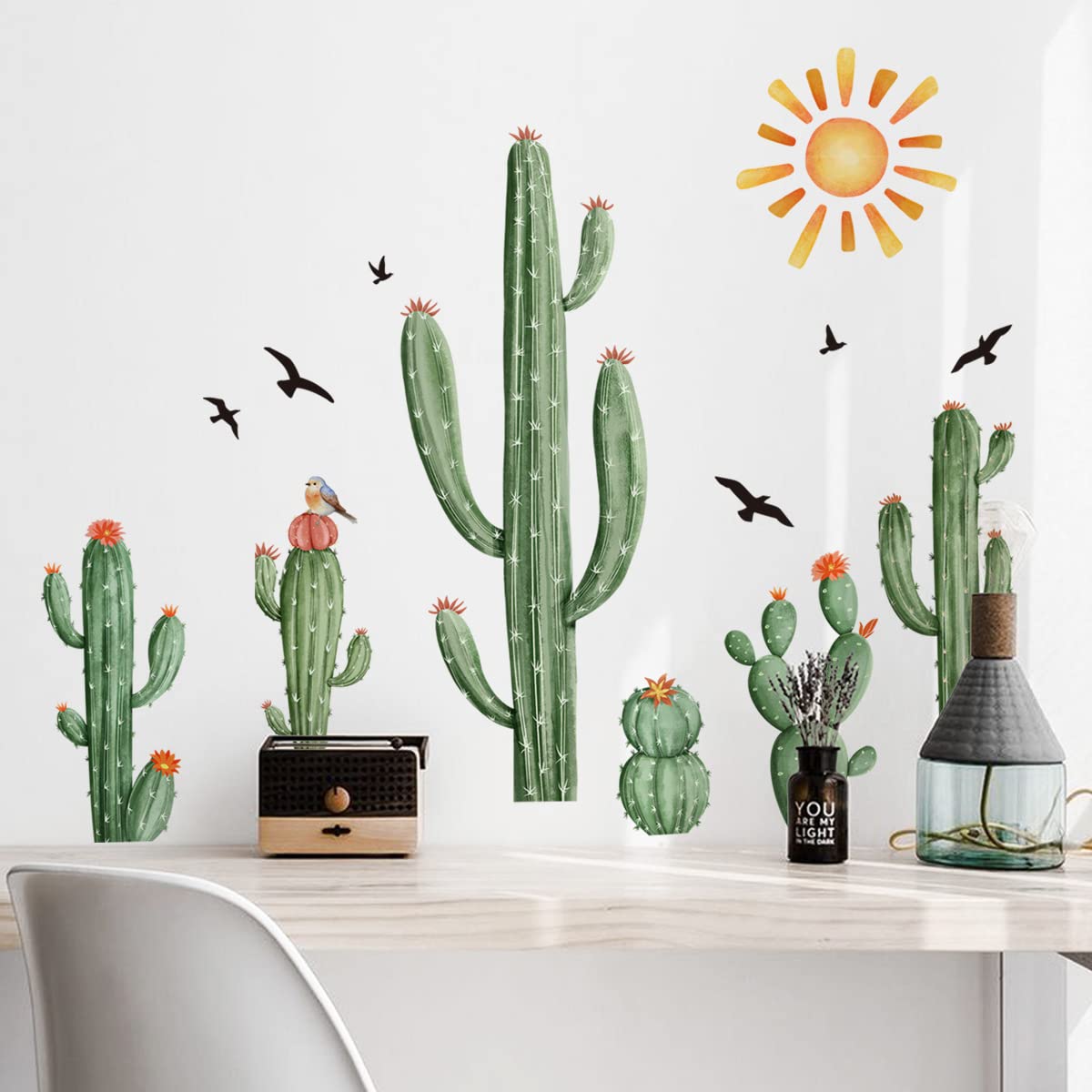 Mirabuy Boho Cactus Wall Decals Boho Sun Wall Stickers Tropical Cacti Green Plants With Birds Wall Decals For Living Room, Bedro