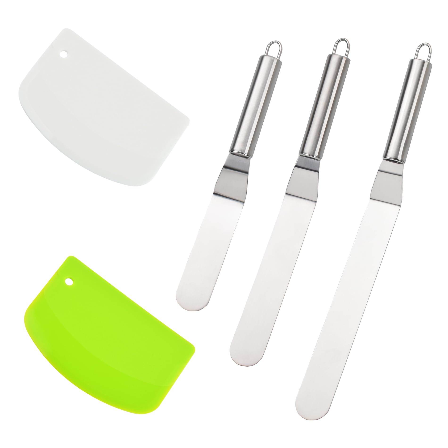Handlive 2 Pcs Dough Scraper And 3 Pcs Stainless Steel Cake Icing Spatula For Baking, Flexible Bowl Scraper Dough Cutter Bench S