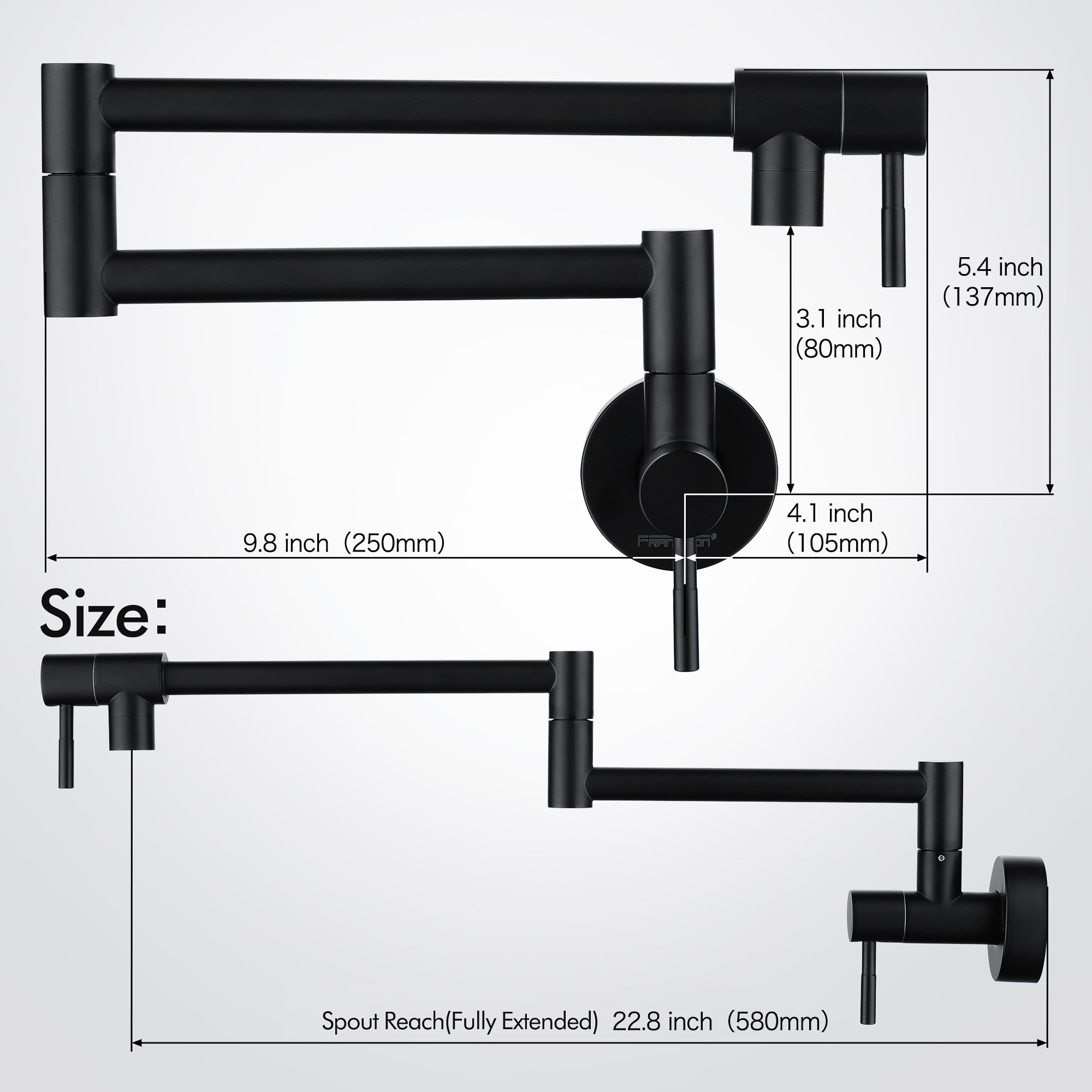 Fransiton Matte Black Pot Filler, Pot Filler Faucet Wall Mount, Brass Folding Stretchable With Double Joint Swing Arm Single Hol