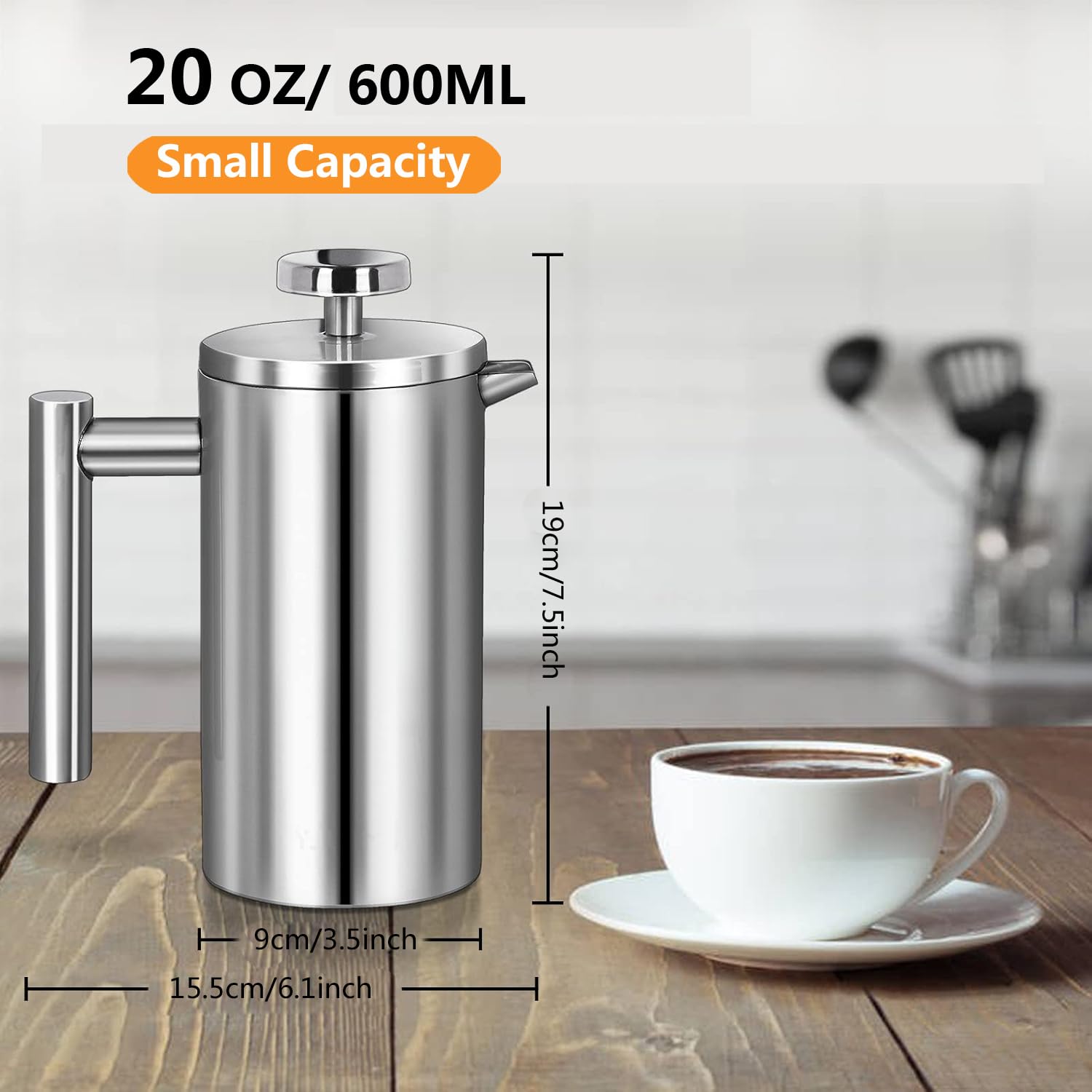 Meelio Small French Press Coffee Maker  Double-Wall Insulated French Press Coffee Press Stainless Steel  Included 2 Extra Fliters and 1 Coffee Spoon (650ML  22 OZ)