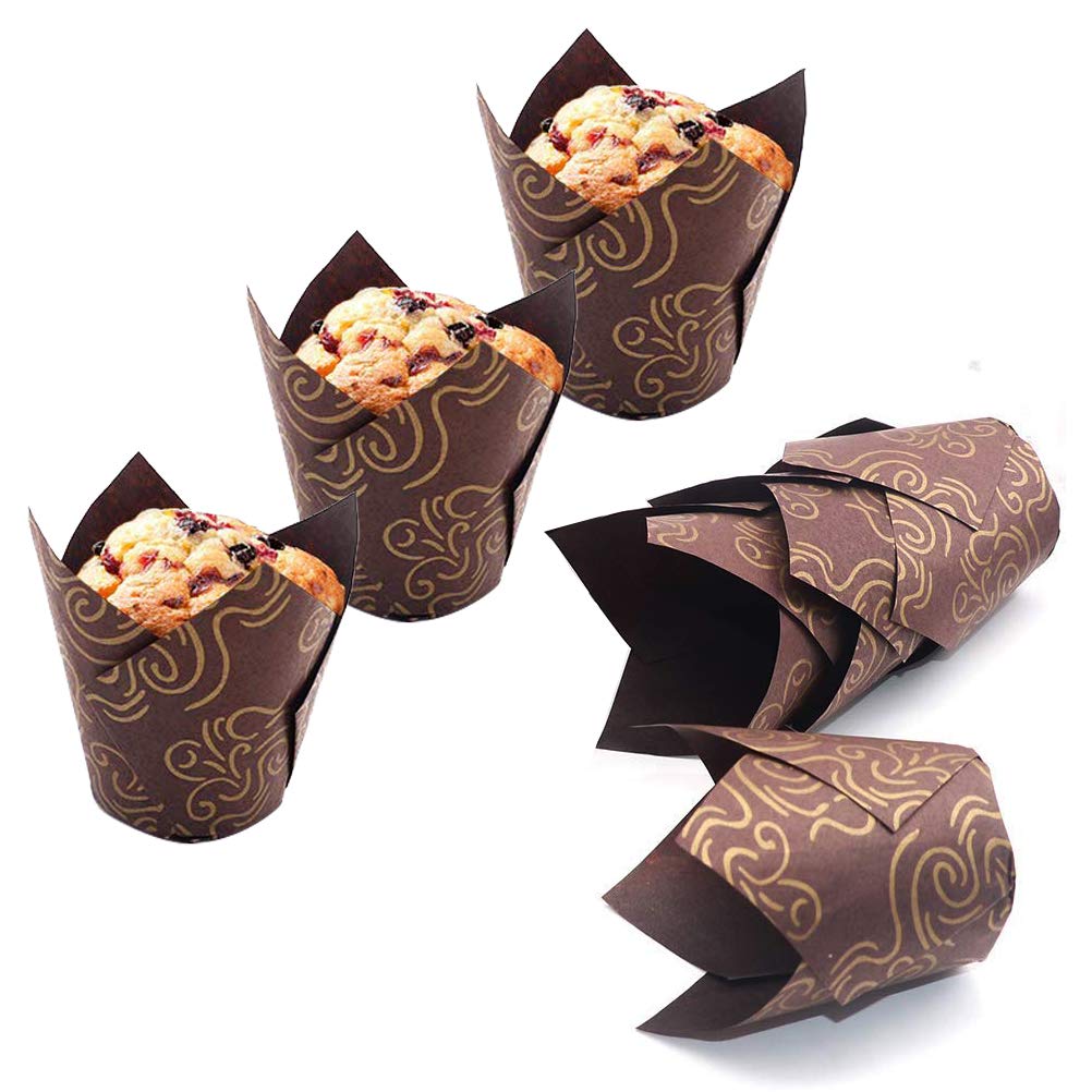 200Pcs Brown Tulip Cupcake Liners Golden Printed Natural Muffin Liners Baking Cups For Birthday,Wedding,Party Brown With Gold