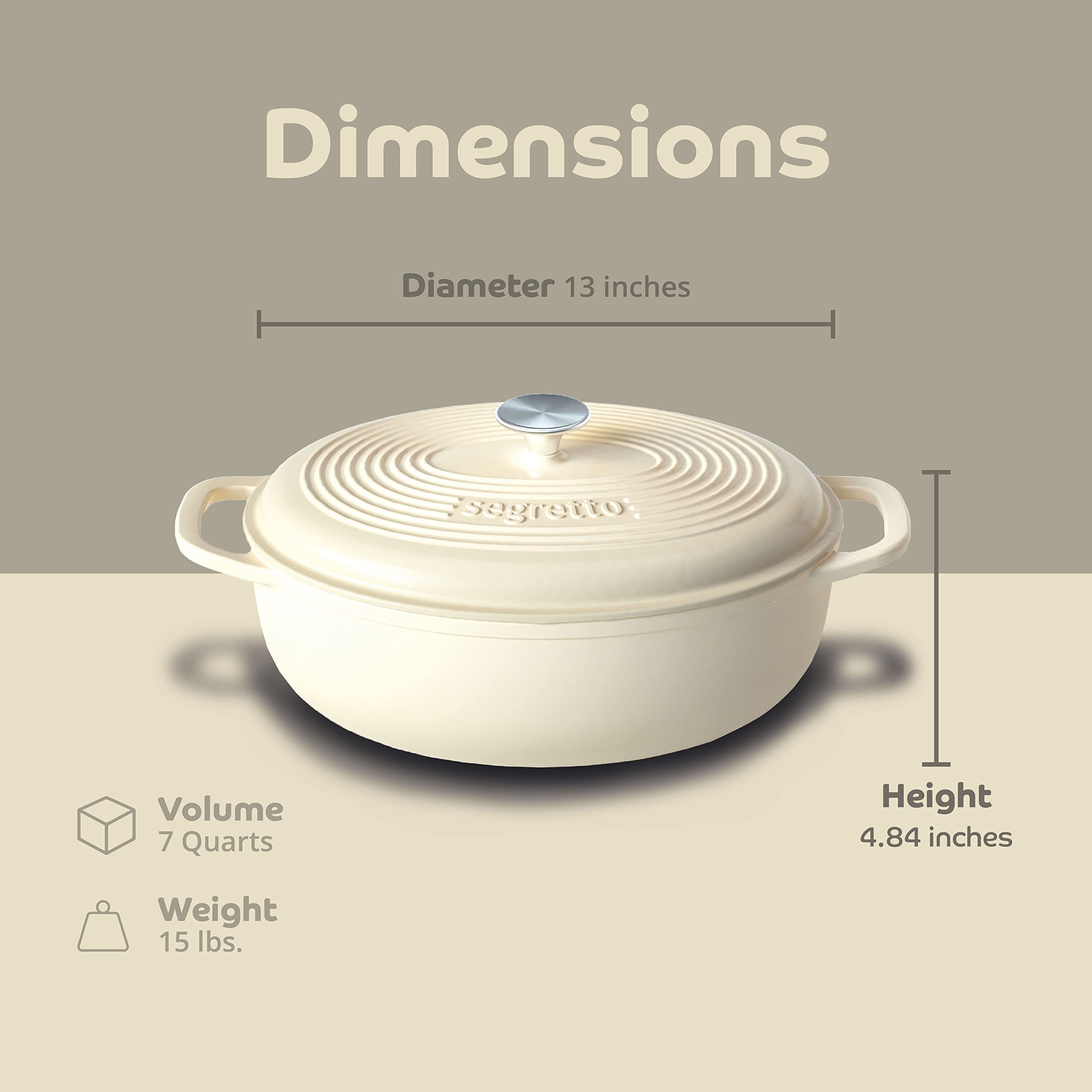 Segretto Cookware Enameled Oval Cast Iron Dutch Oven With Handle, 7 Quarts, Bianco Perla (Pearl White), 7Qt Dutch Oven Pot With