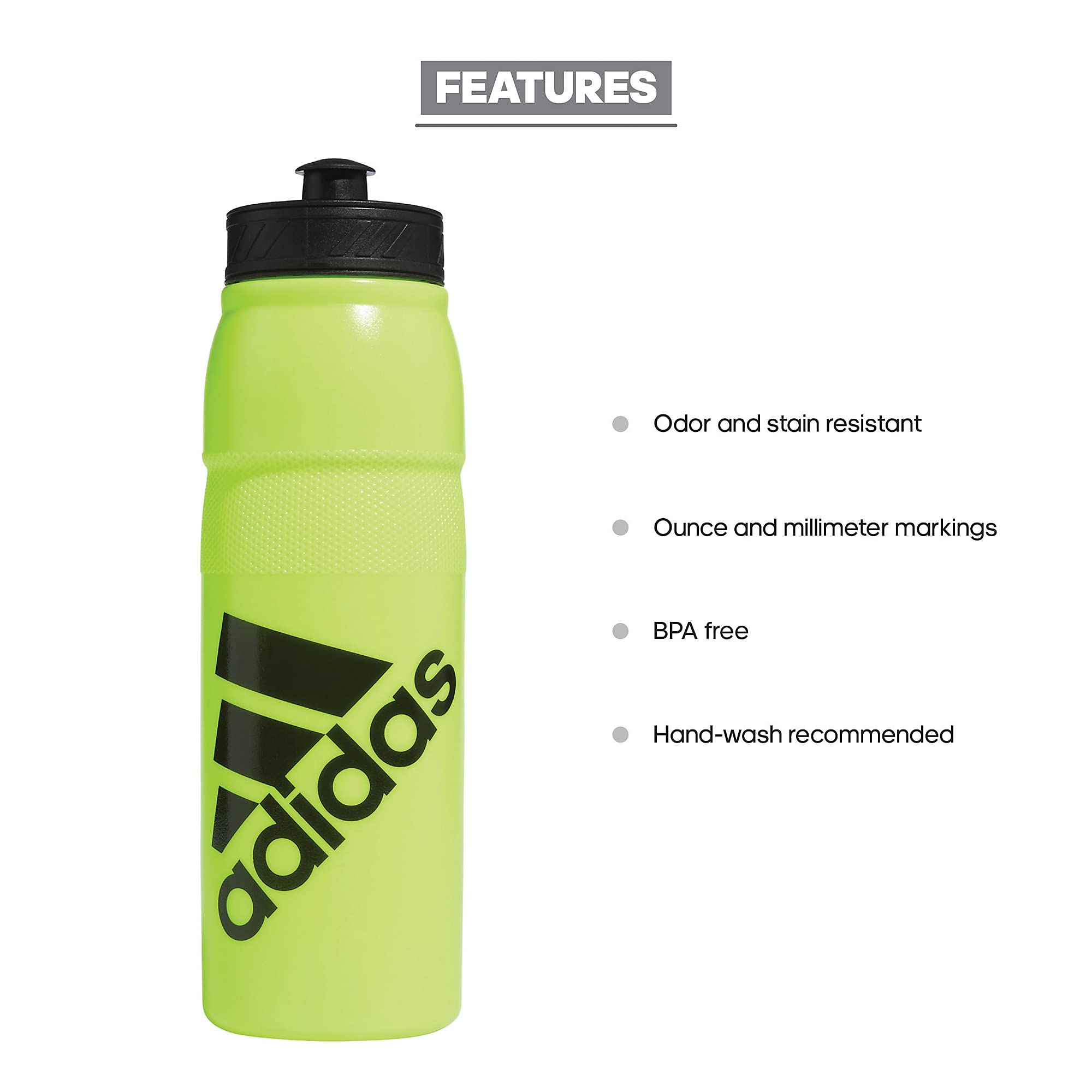Adidas 750 Ml (28 Oz) Stadium Refillable Plastic Sport Water Bottle, Signal Green/Black, One Size